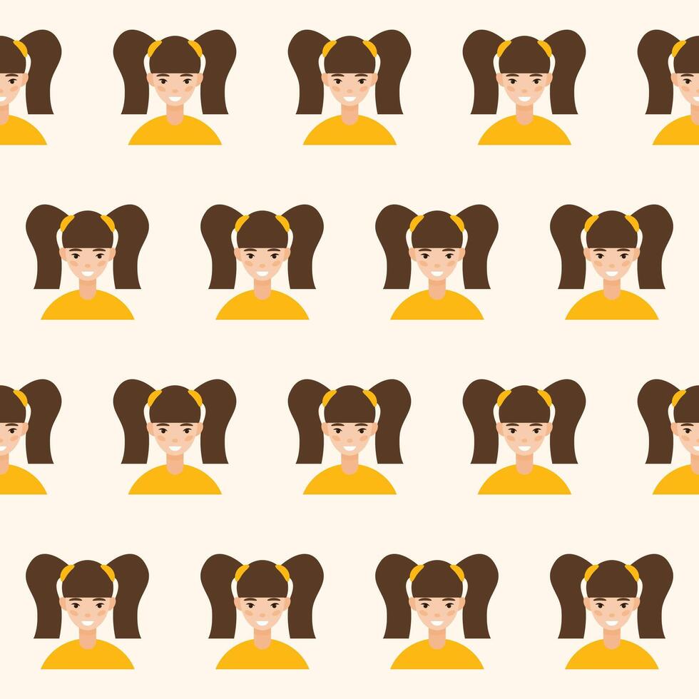 Happy Girl Kid Character Avatar Seamless Pattern Background. Positive Smiling Funny Face Portrait. Happy Birthday Party Wallpaper or Wrapping Paper Print. Joyful Child Portrait Fabric Art vector