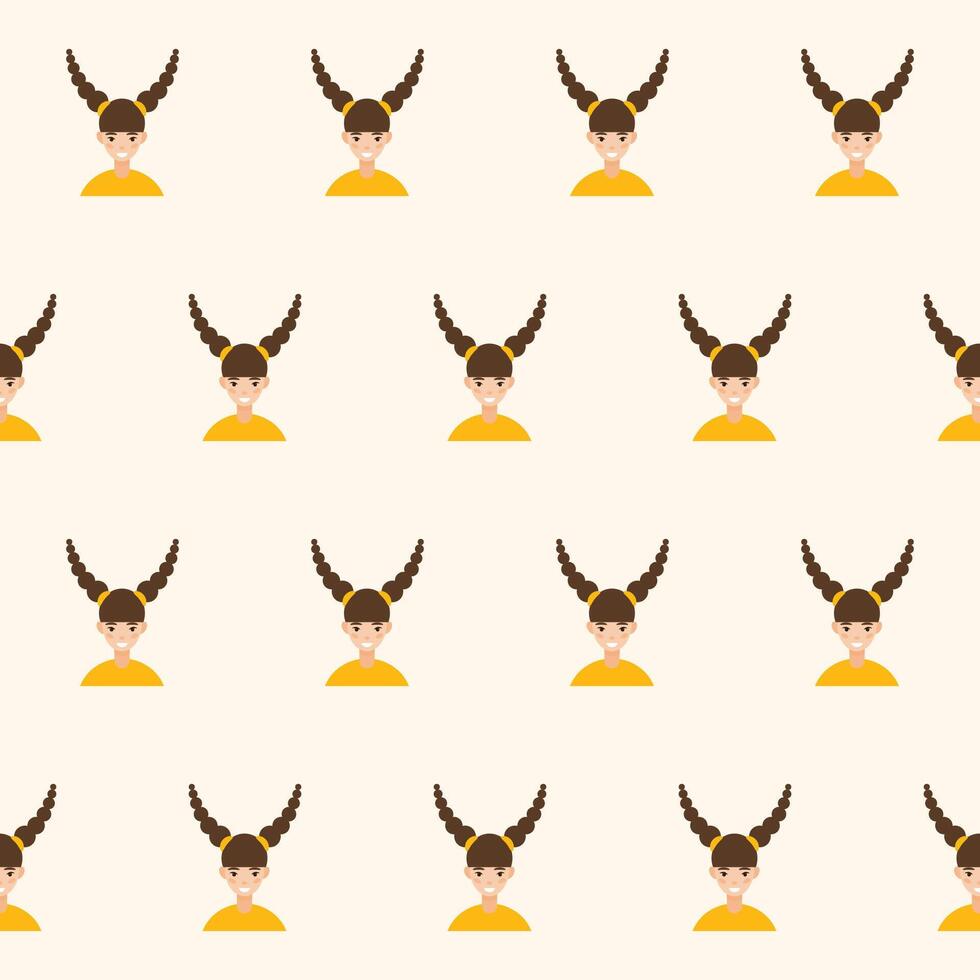 Happy Girl Kid Character Avatar Seamless Pattern Background. Positive Smiling Funny Face Portrait. Happy Birthday Party Wallpaper or Wrapping Paper Print. Joyful Child Portrait in Yellow vector
