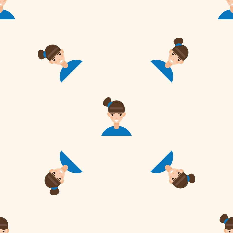 Happy Girl Kid Character Avatar Seamless Pattern Background. Positive Smiling Funny Face Portrait. Happy Birthday Party Wallpaper or Wrapping Paper Print. Joyful Child Portrait in Blue Fabric Art vector