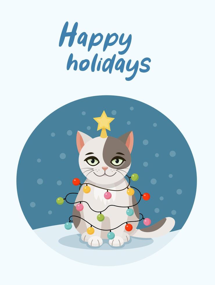 Christmas card with cat, kitten. Happy holidays. Greeting concept. Ideal for print, postcard or label. New Year card. illustration on a white background. vector