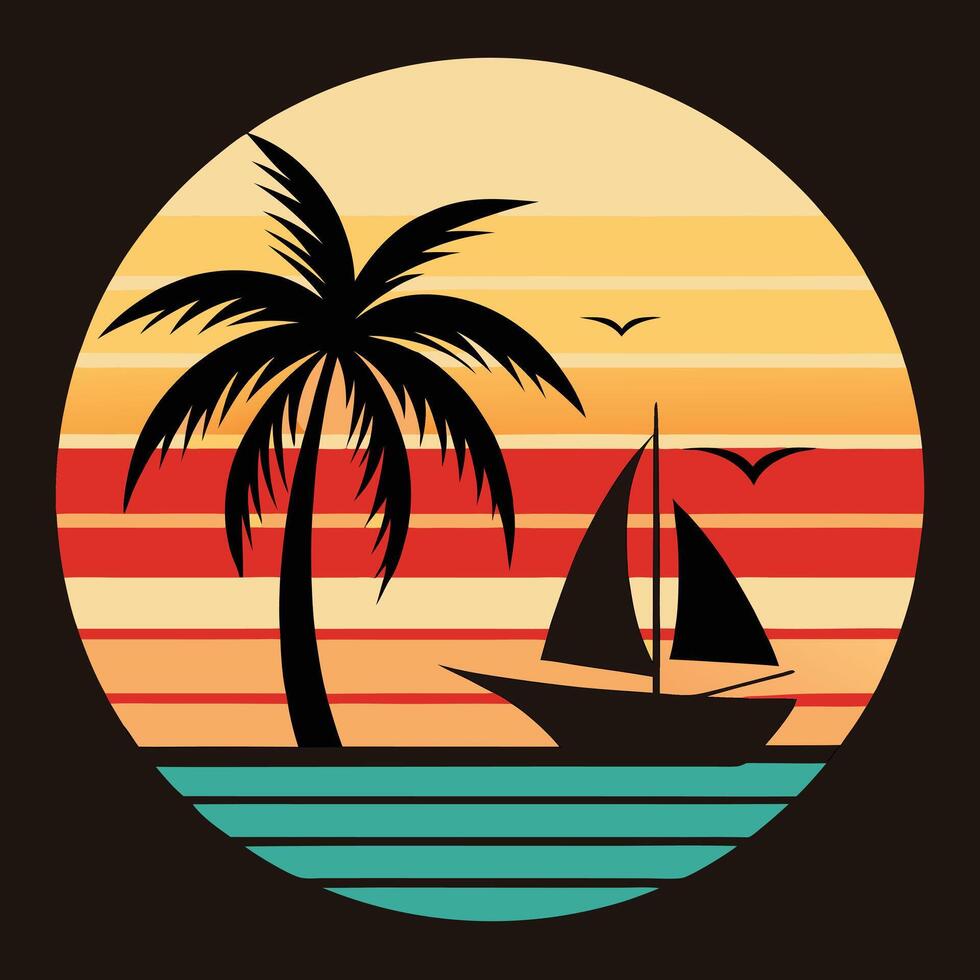 A Sailboat Drifts Underneath the Palm Tree Silhouette as Birds Soar Across a Golden and Crimson Sky. vector