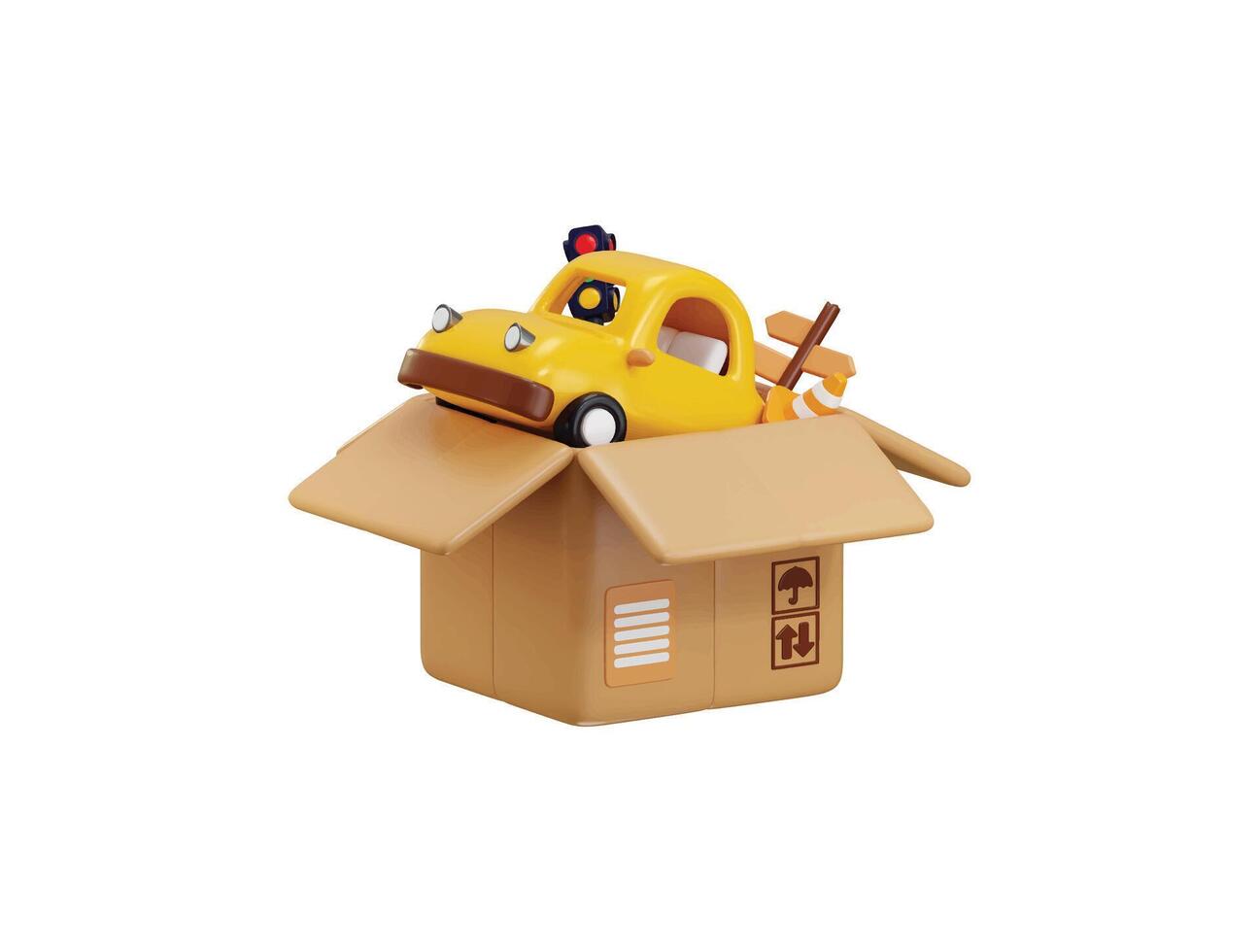 Card box with Car icon on traffic light, road direction and road cone icon 3d rendering illustration vector
