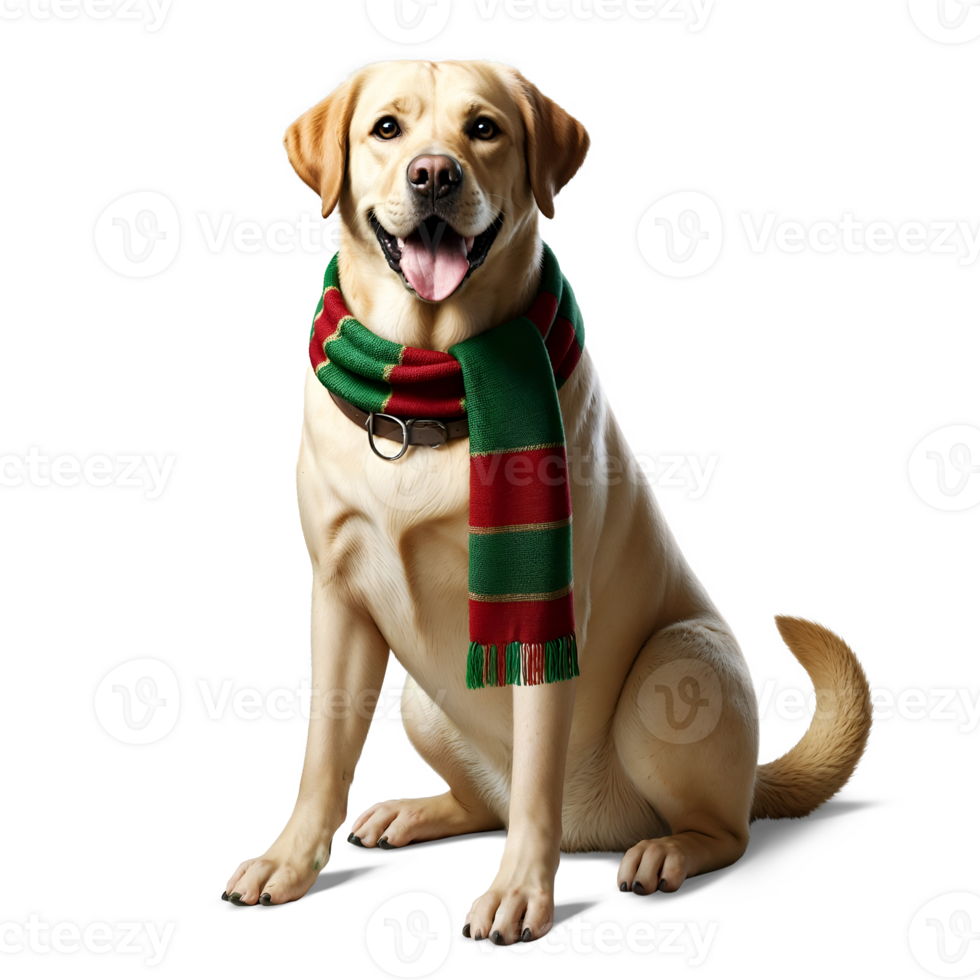 Yellow Labrador Wearing Festive Green and Red Scarf Isolated on Transparent Background png