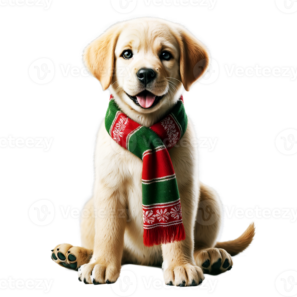Golden Retriever Puppy with Red and Green Scarf Isolated on Transparent Background, Festive Holiday Animal, Dog with Christmas accessory png