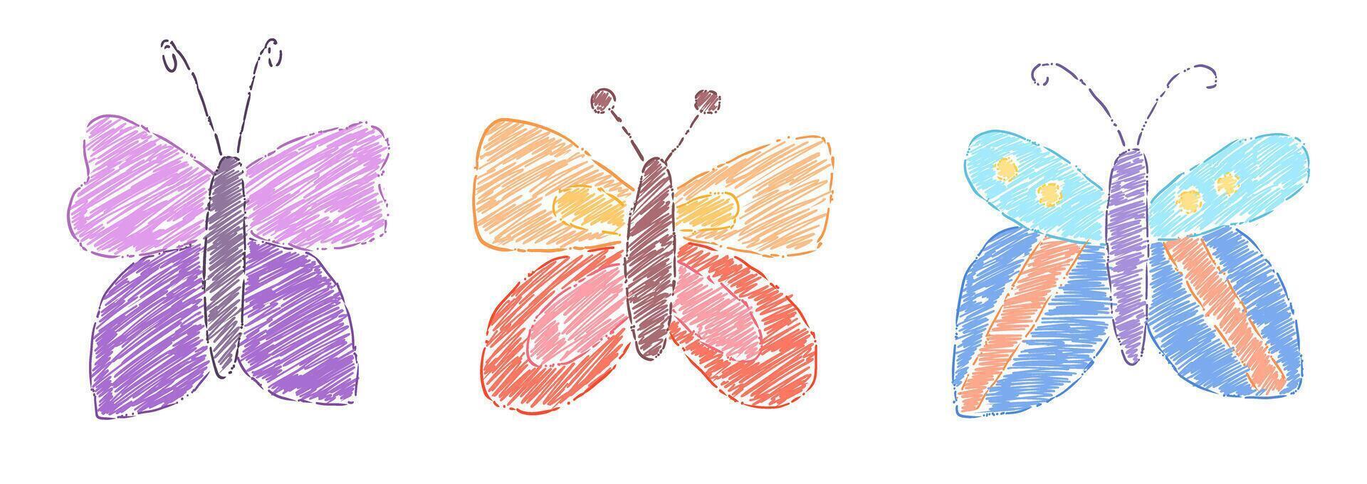 Set of butterfly insect drawing with crayon pencil vector