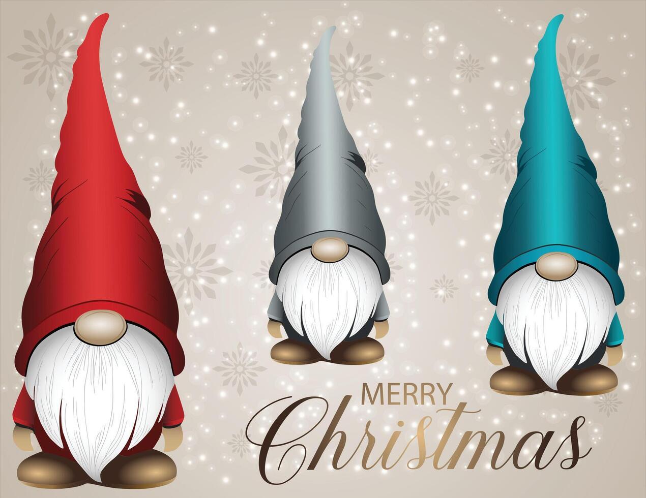 Three cute gnomes in red, silver and blue with snowflake background. vector