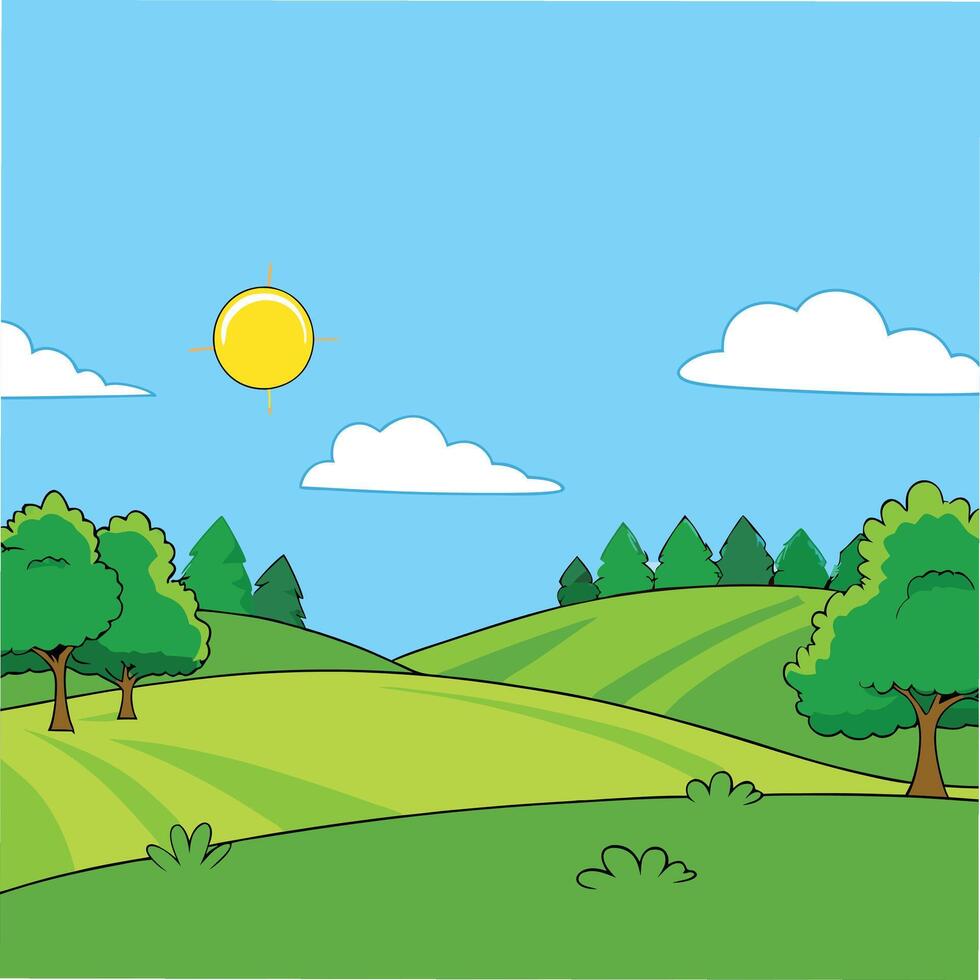 Cartoon illustration of a sunny day with rolling green hills, trees, and fluffy white clouds in a bright blue sky. Simple, idyllic scenery. vector