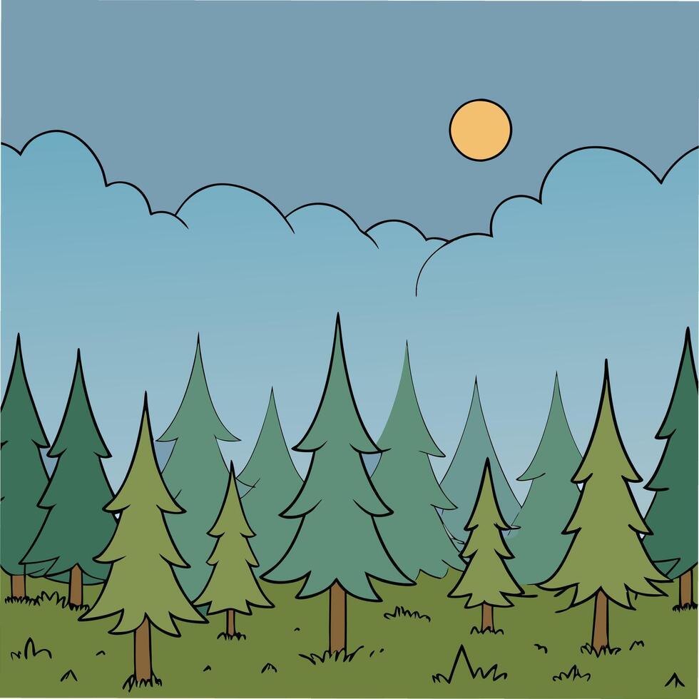 A simple cartoon illustration depicts a forest scene with evergreen trees under a partly cloudy sky, a bright sun visible. The style is minimalist and childlike. vector