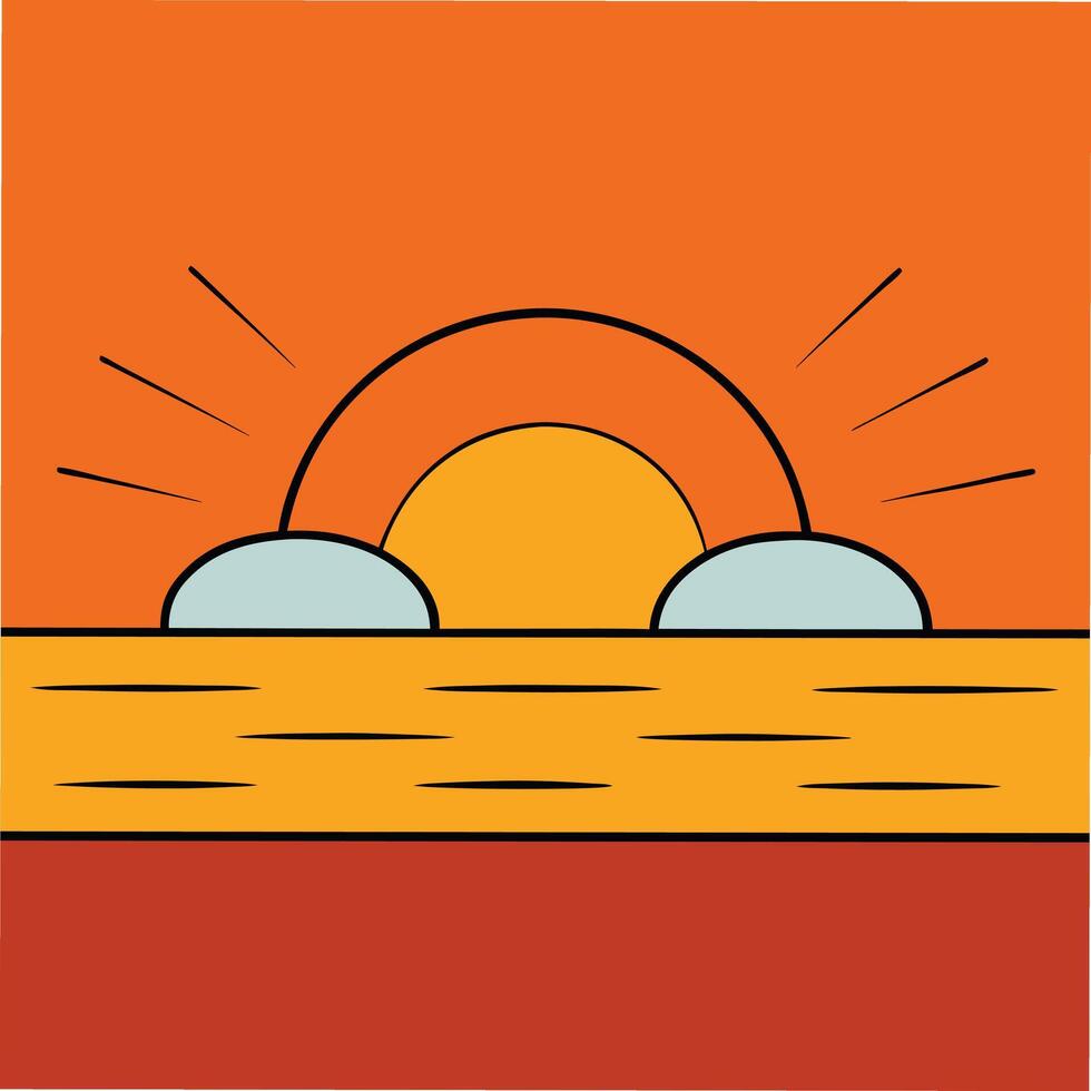 Stylized sunset over calm ocean. Minimalist design with orange, yellow, and blue tones. Simple lines depict sun, clouds, and water. vector
