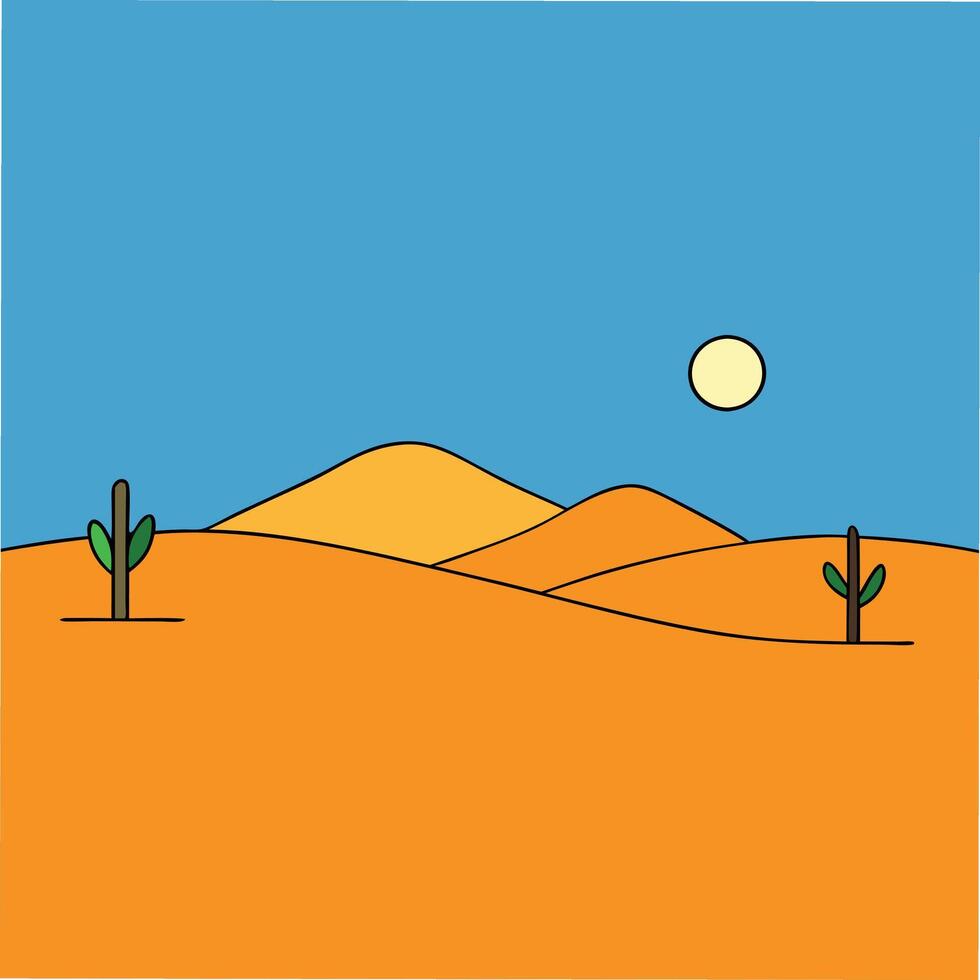 Simple desert illustration featuring orange sand dunes under a clear blue sky. Two small cacti and a bright sun are depicted. vector