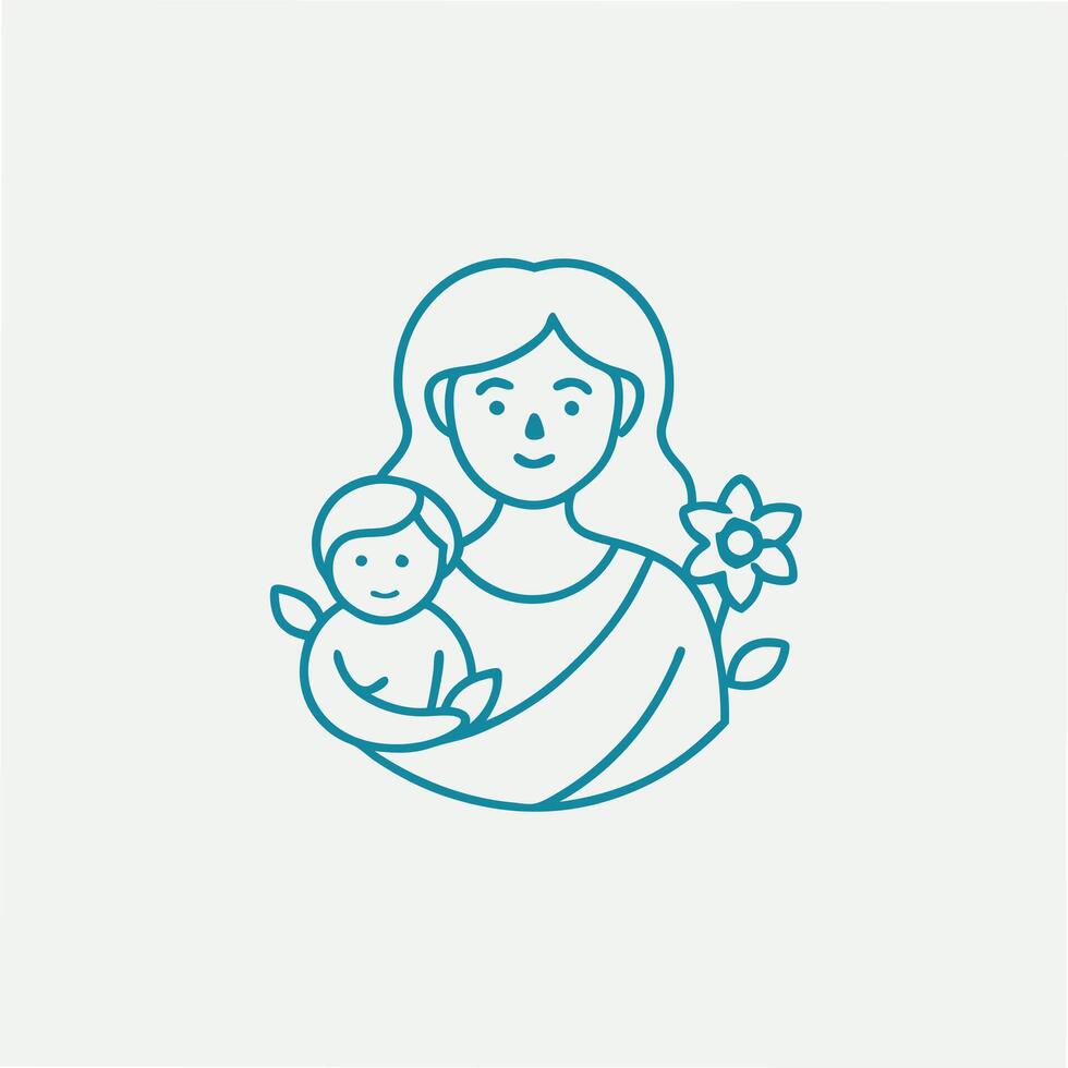 A simple line art illustration depicts a mother lovingly holding her baby, adorned with a flower. It symbolizes motherhood, care, and affection. vector