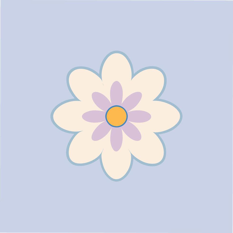 A stylized, eightpetal flower with a yellow center and lavender petals on a light purple background. Simple, minimalist design. vector