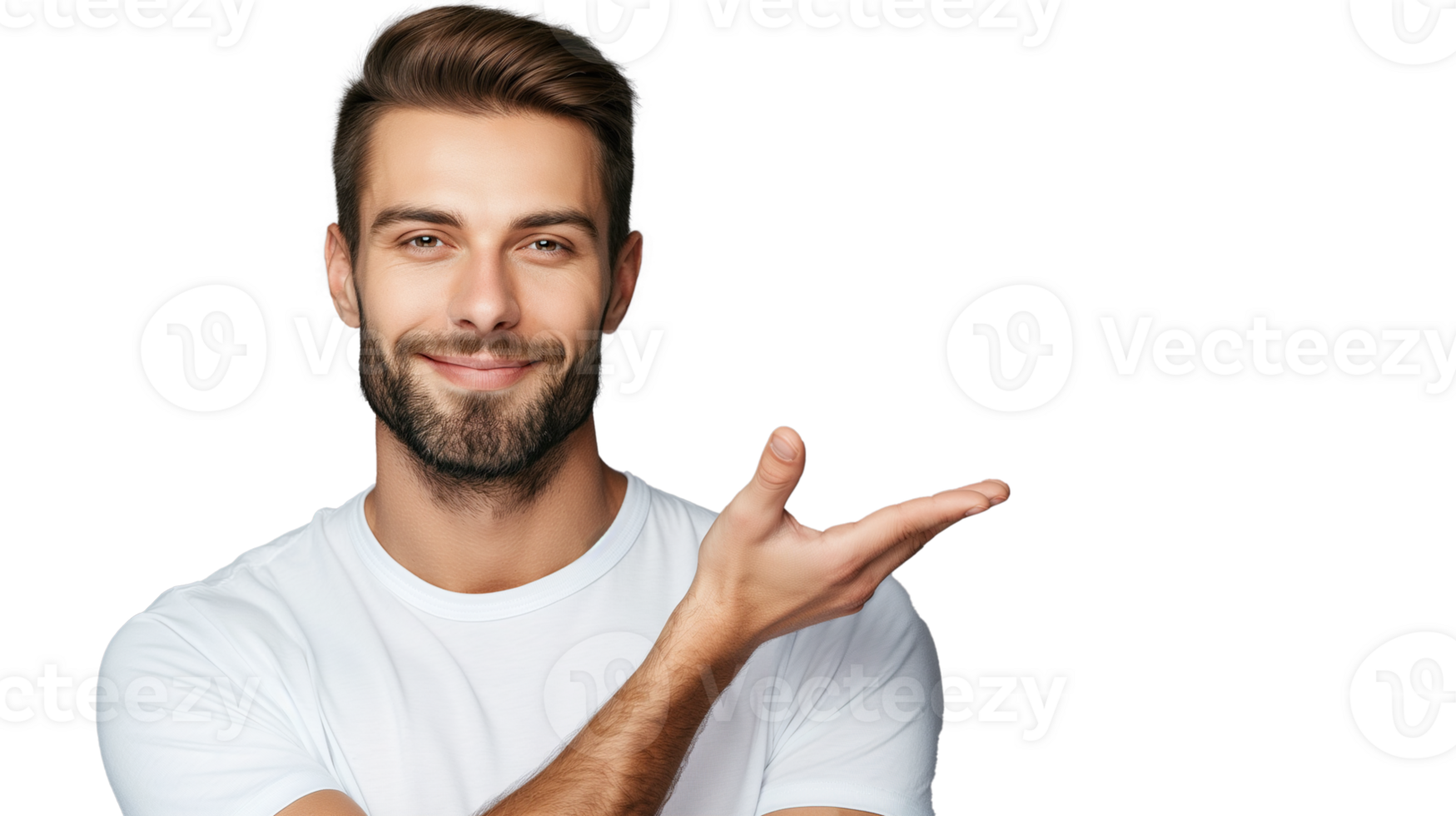 handsome man presenting product isolated on transparency background png