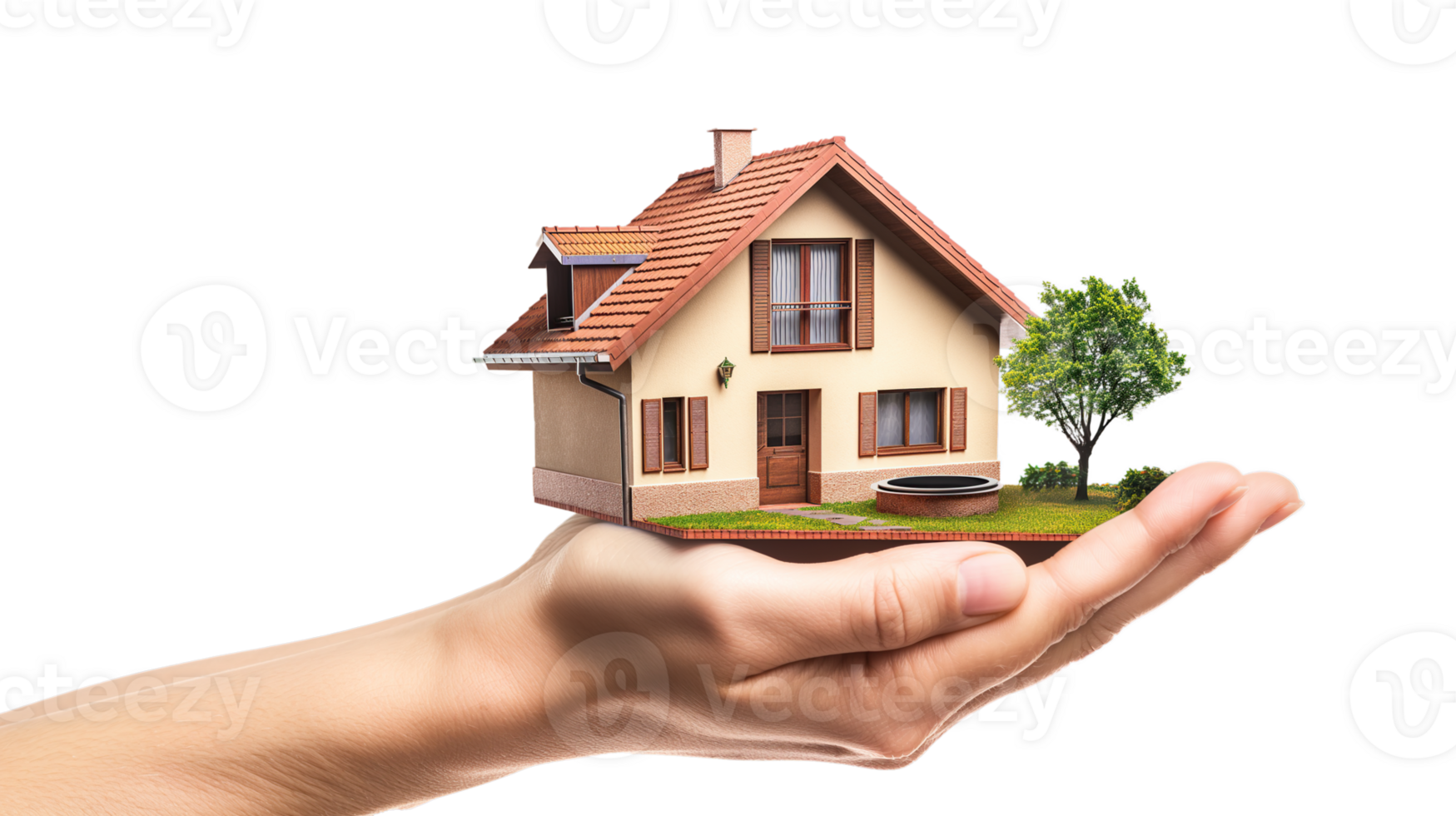 house in human hands, bloomig on a transparent background png