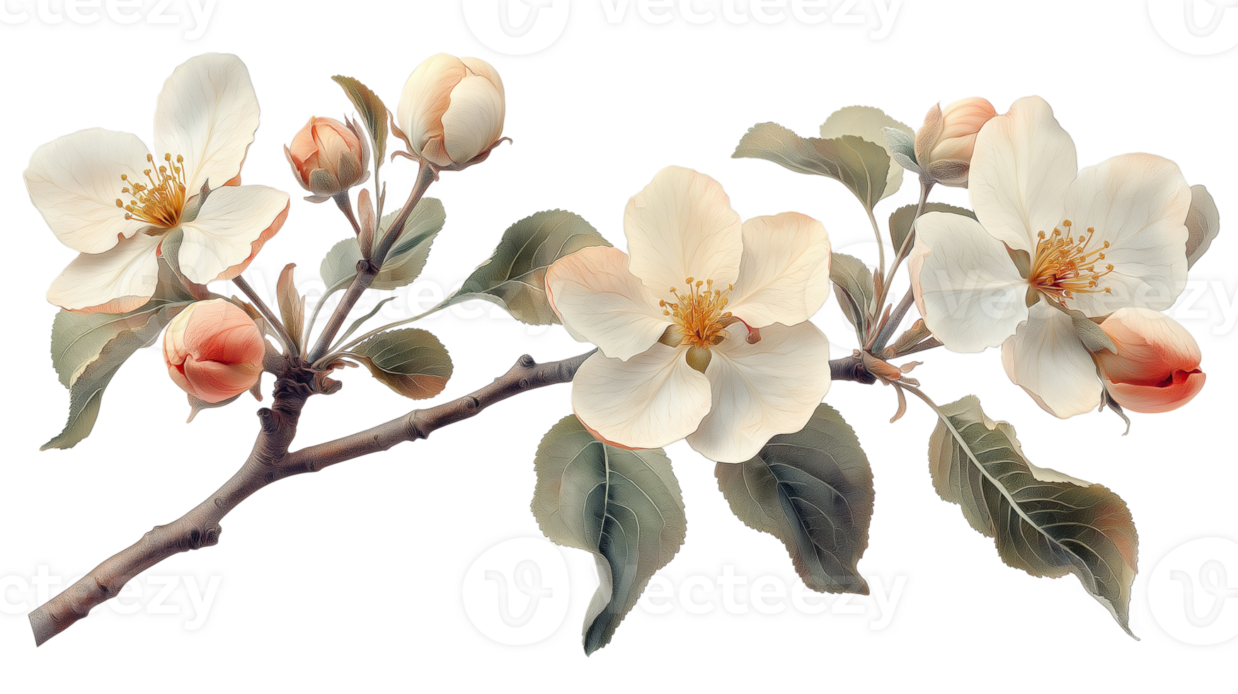 Branch of a apple tree with flowers on a corner border, blooming on a transparent background png