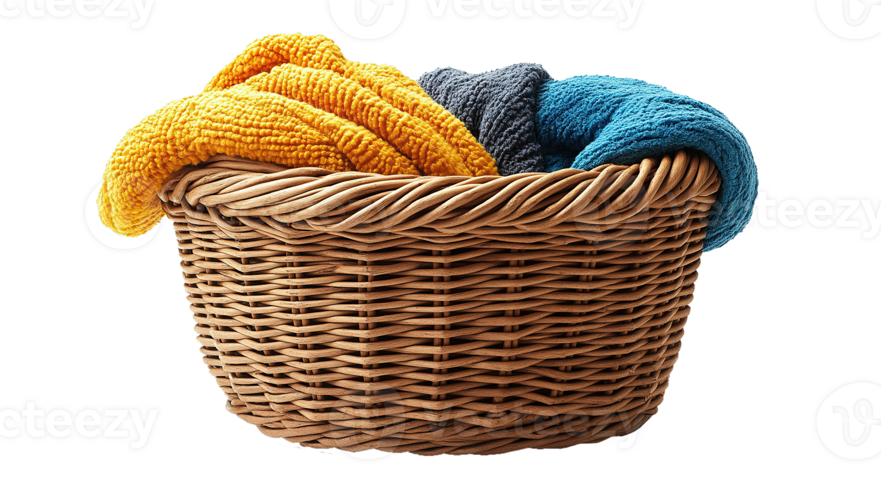 Laundry basket , clean clothes and Wicker basket with clean laundry isolated on transparent background png