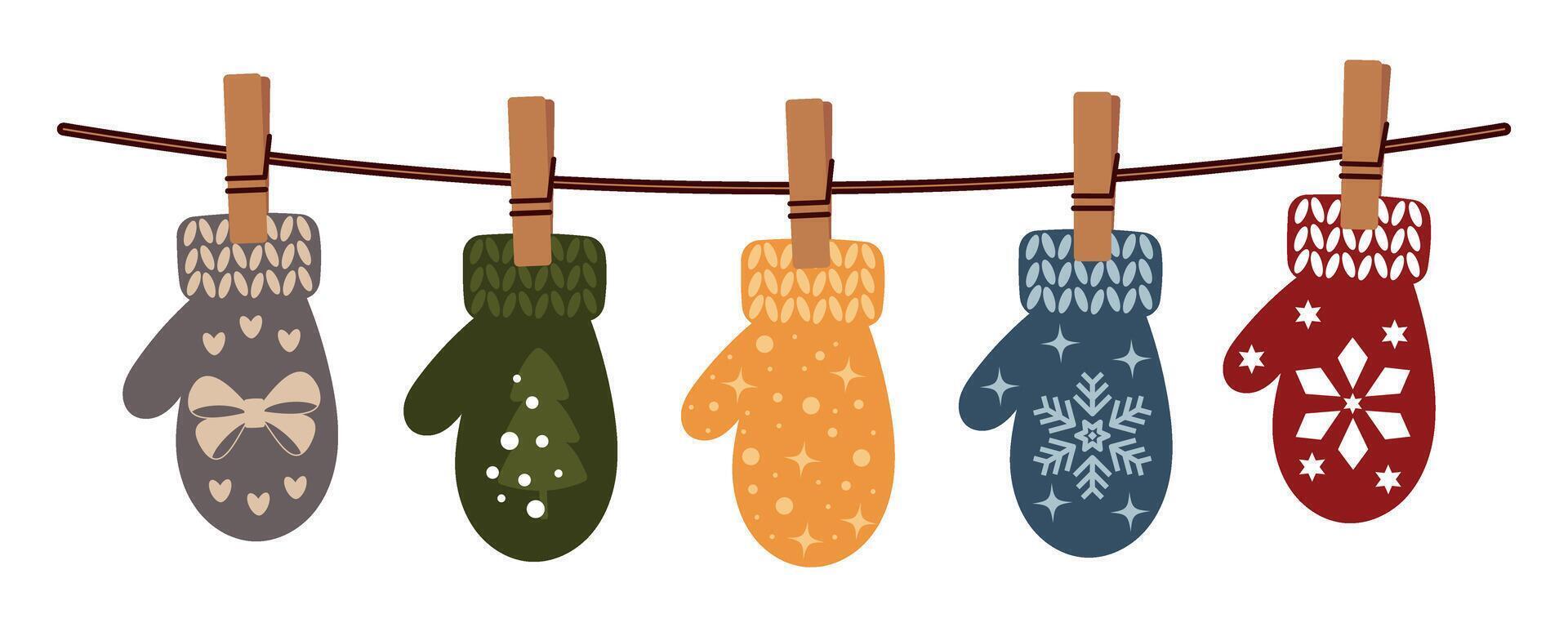 Mittens hanging on rope. Collection of colorful mittens with Christmas patterns. Warm accessory for winter. Decorative element for Christmas design. vector