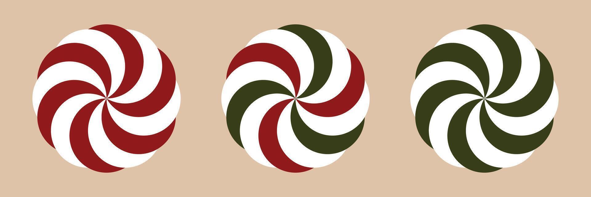 Christmas peppermint candy set. Round red, green and white xmas, holiday candy with swirls. Striped and swirl caramel without wrapper. vector