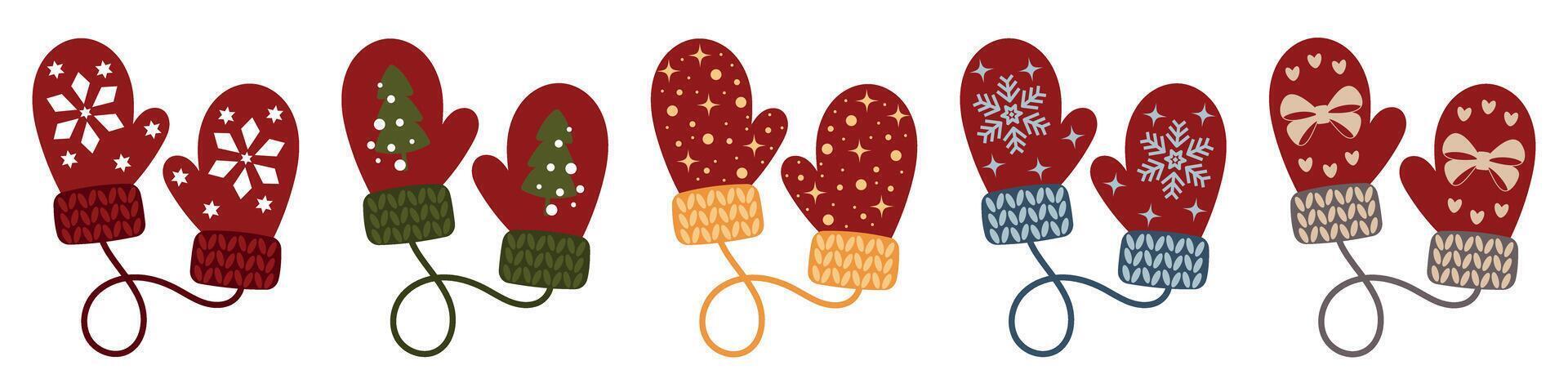 Colourful mittens with Christmas pattern. Warm accessory for winter. Decorative element for Christmas design. Knitted mittens with white pattern. vector
