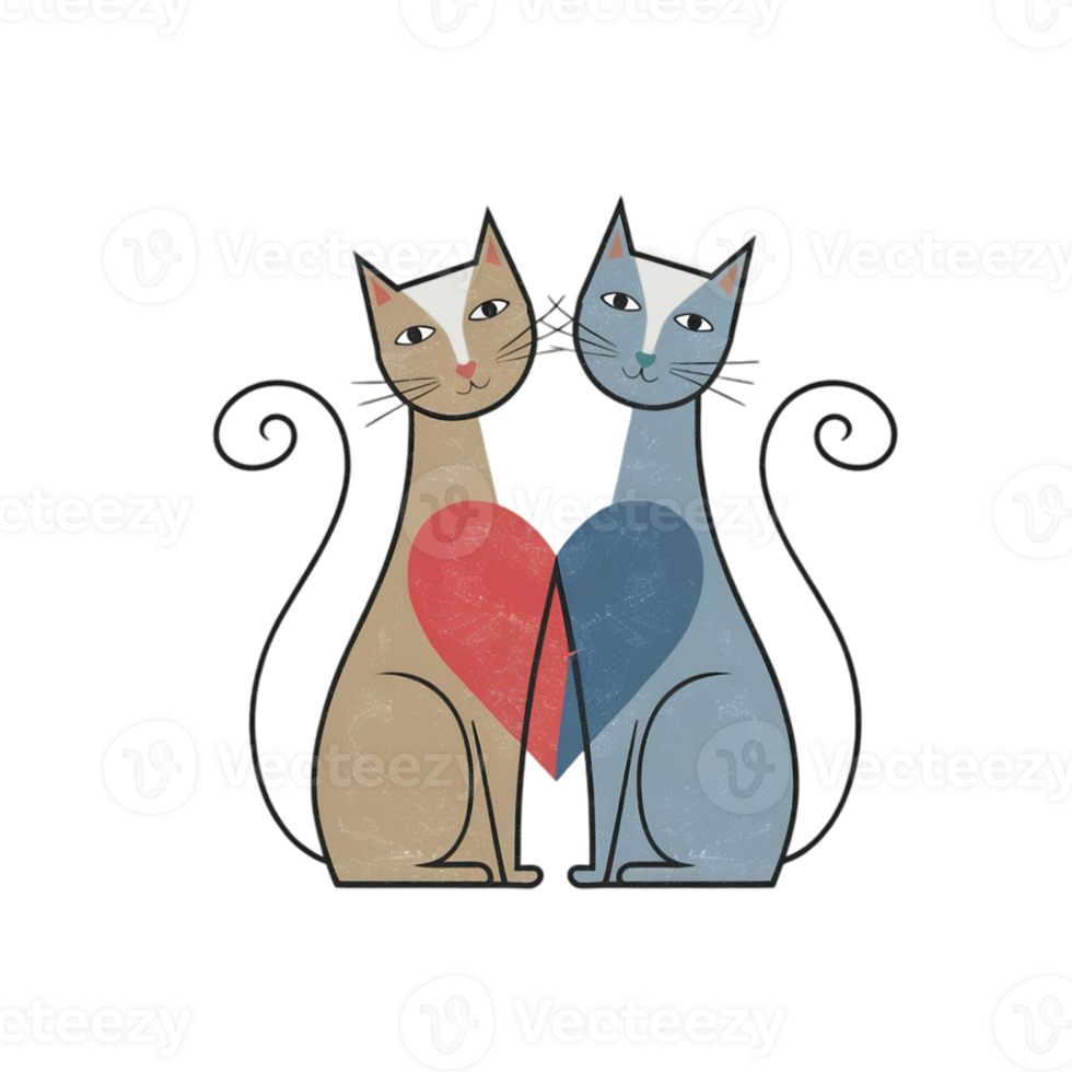 Two cats sit side by side, each with whimsical curved tails, creating a heart shape between them cutouts png