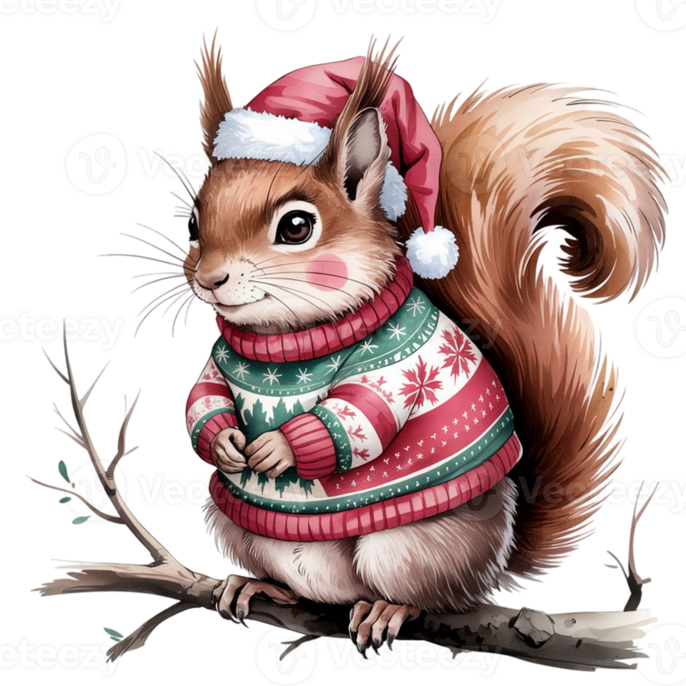 A cute squirrel is dressed in a festive sweater and a Santa hat, cutouts png