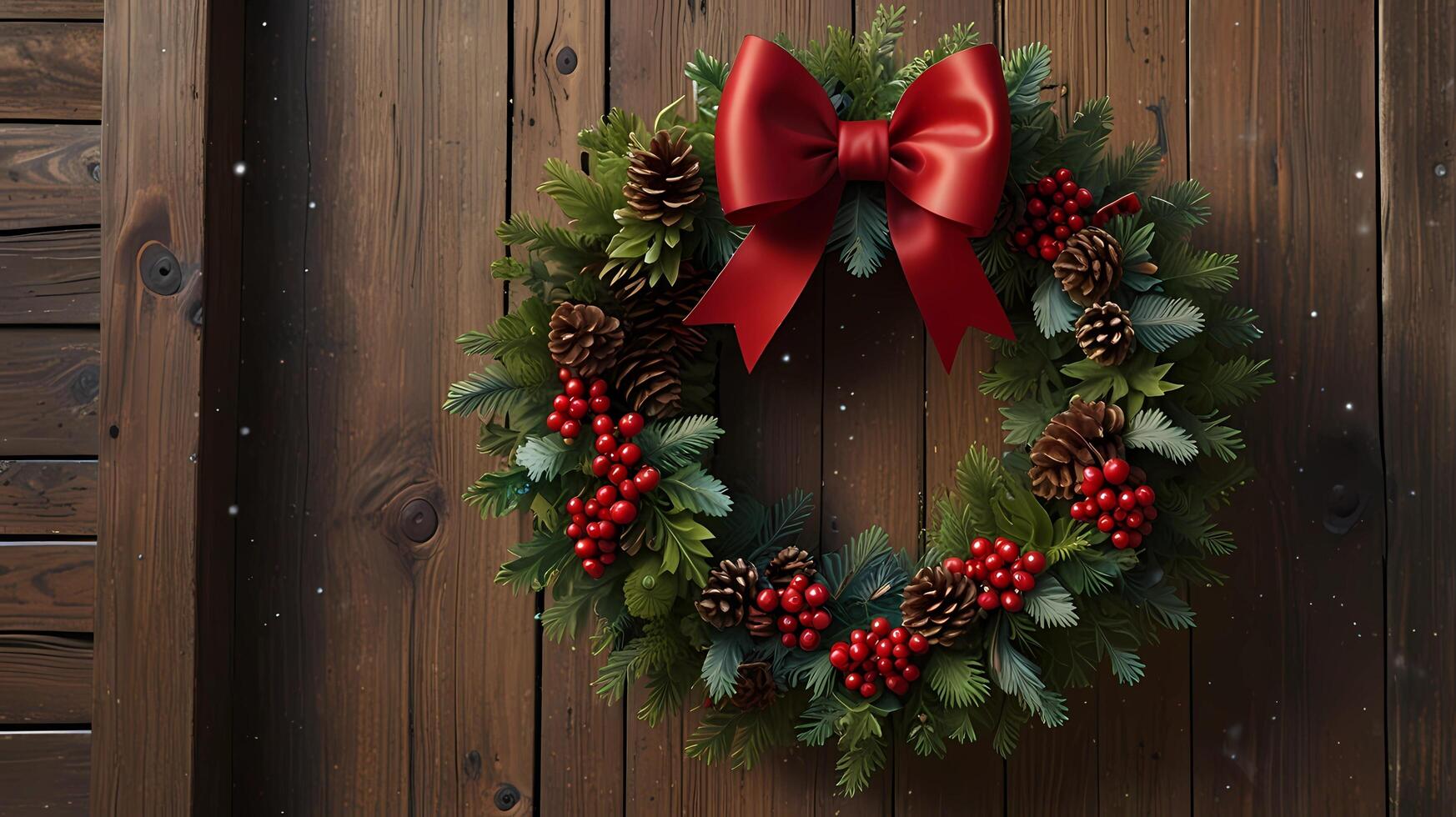 A wreath with red berries and pine cones on a wooden wall photo