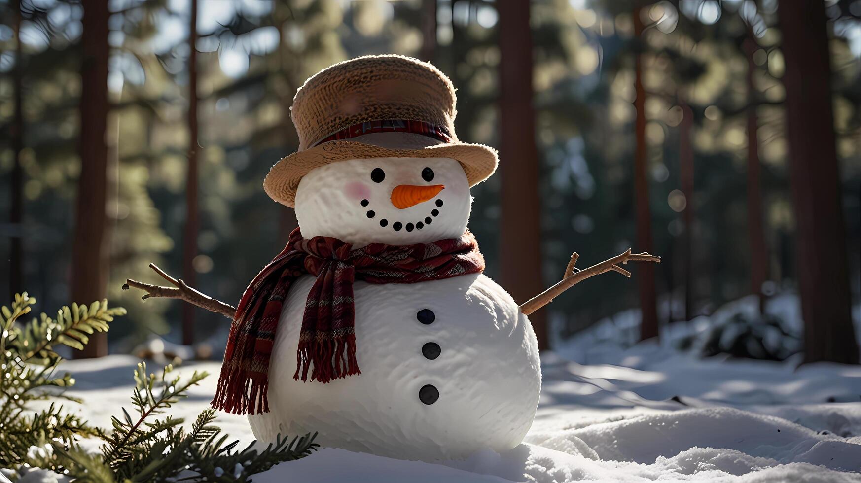A snowman with a hat and scarf stands in the snow photo