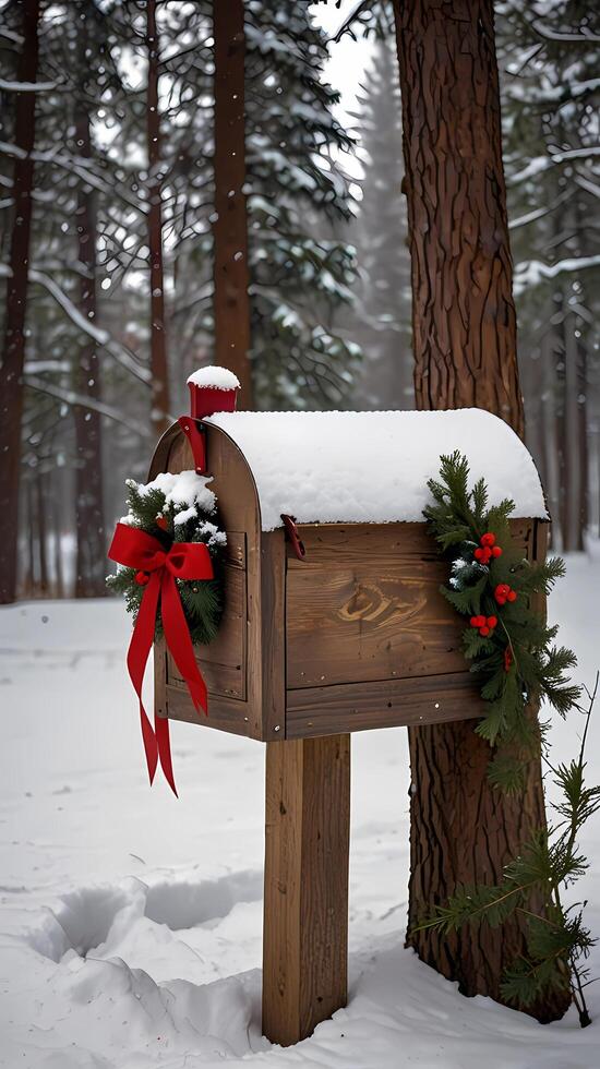 A wooden mailbox with red ribbon and green leaves on it photo