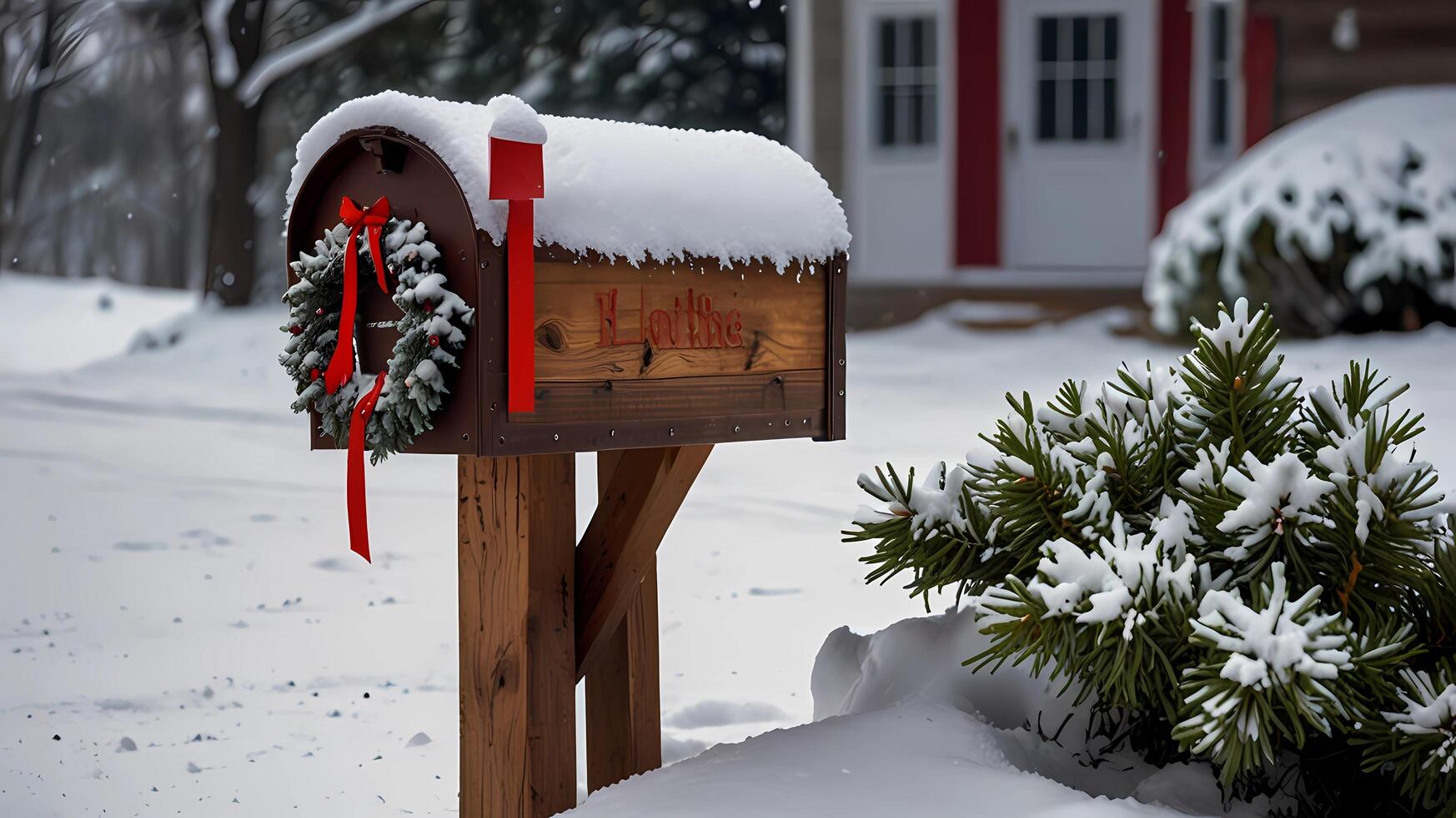 A mailbox with a wreath on it and the word Merry Christmas written on it photo