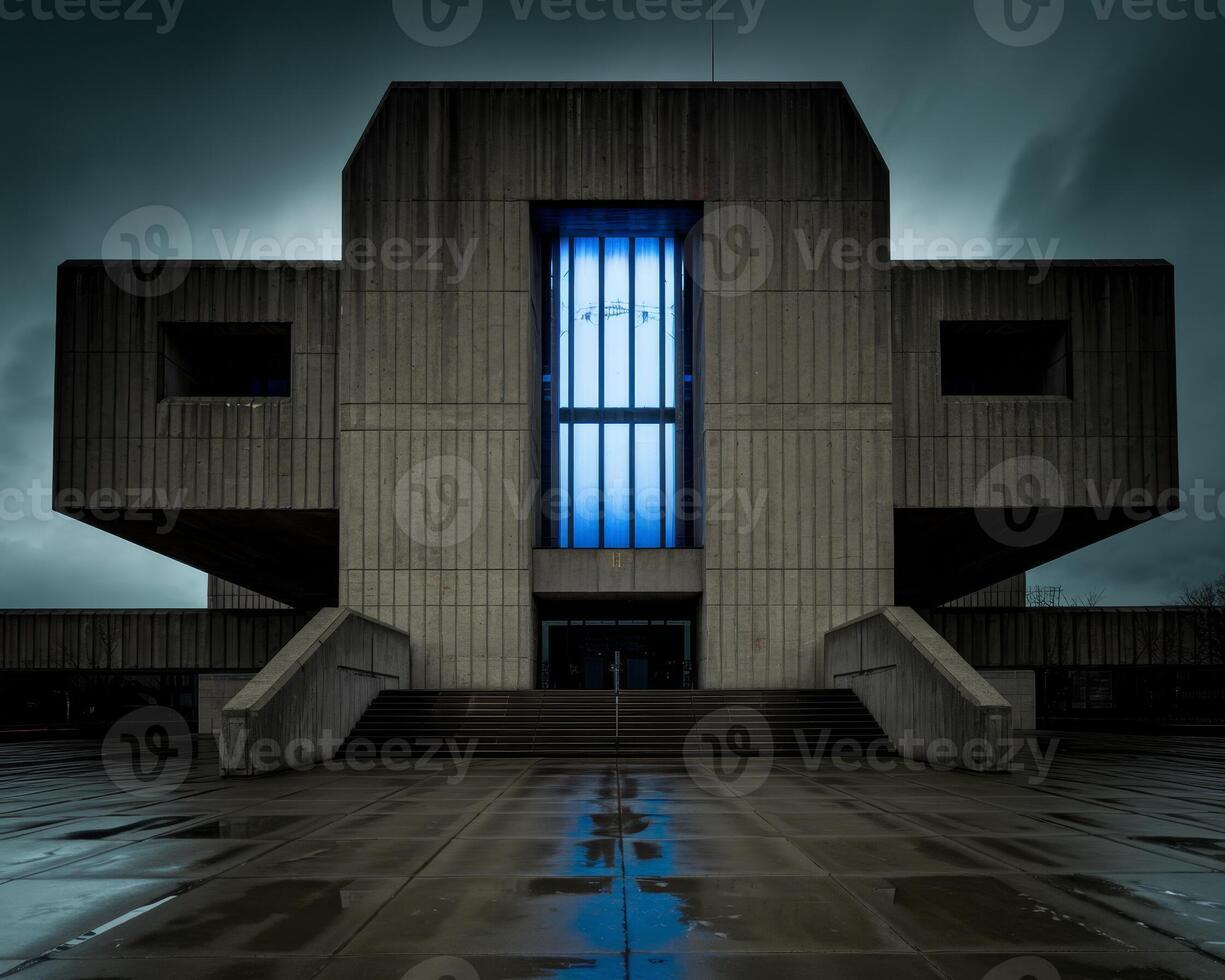 Brutalist architecture, illuminated central window, geometric concrete facade. photo