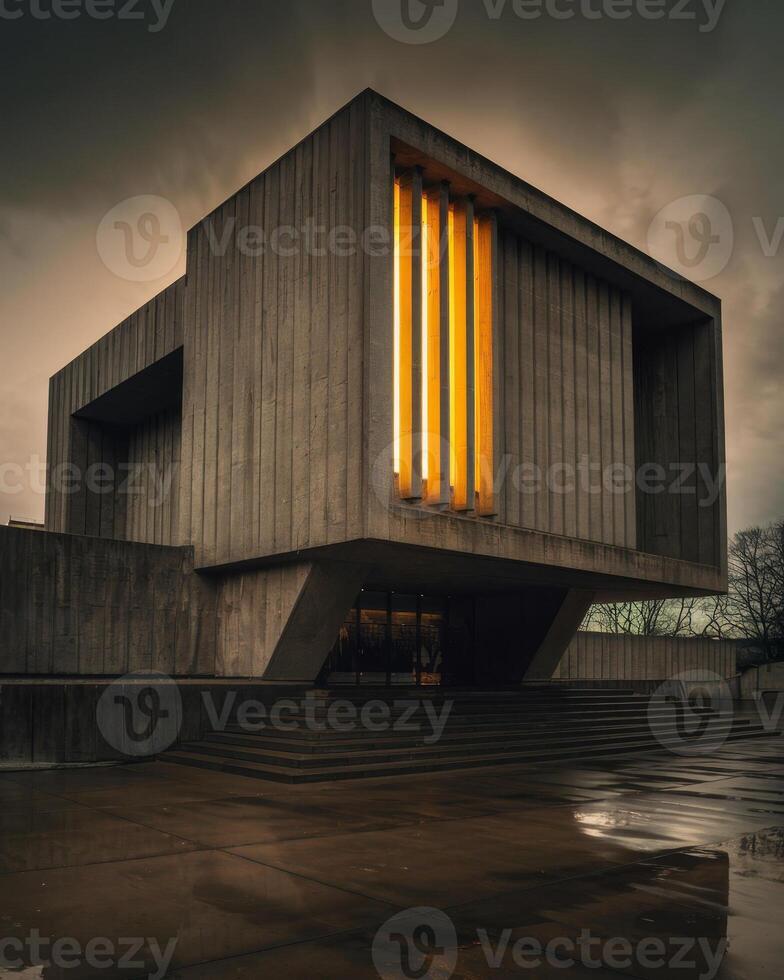 Concrete building, illuminated vertical slits, dramatic sky. photo
