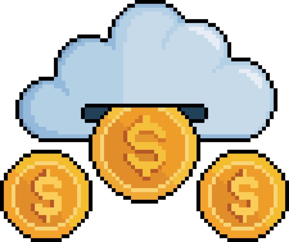 Pixel art cloud with coins in 8-bit style on white background vector