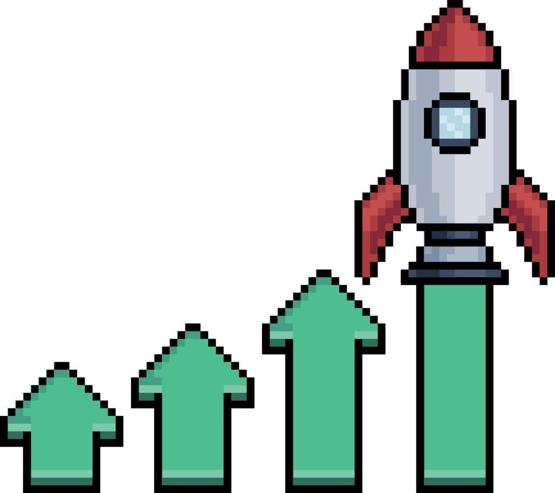 Pixel art of rocket with bar graph and green arrows in 8-bit style on white background vector