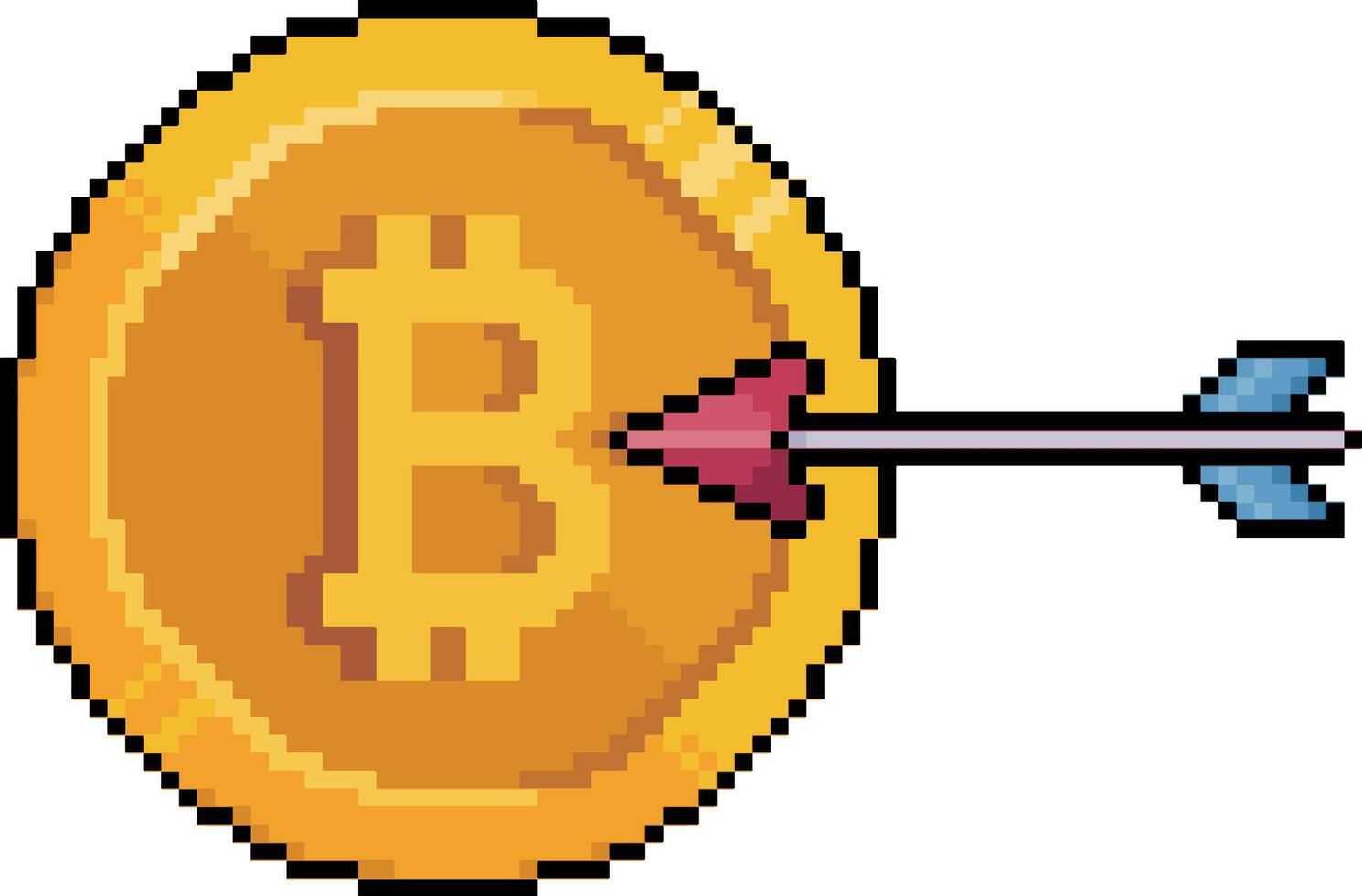 Pixel art bitcoin coin with an arrow in 8-bit style on white background vector