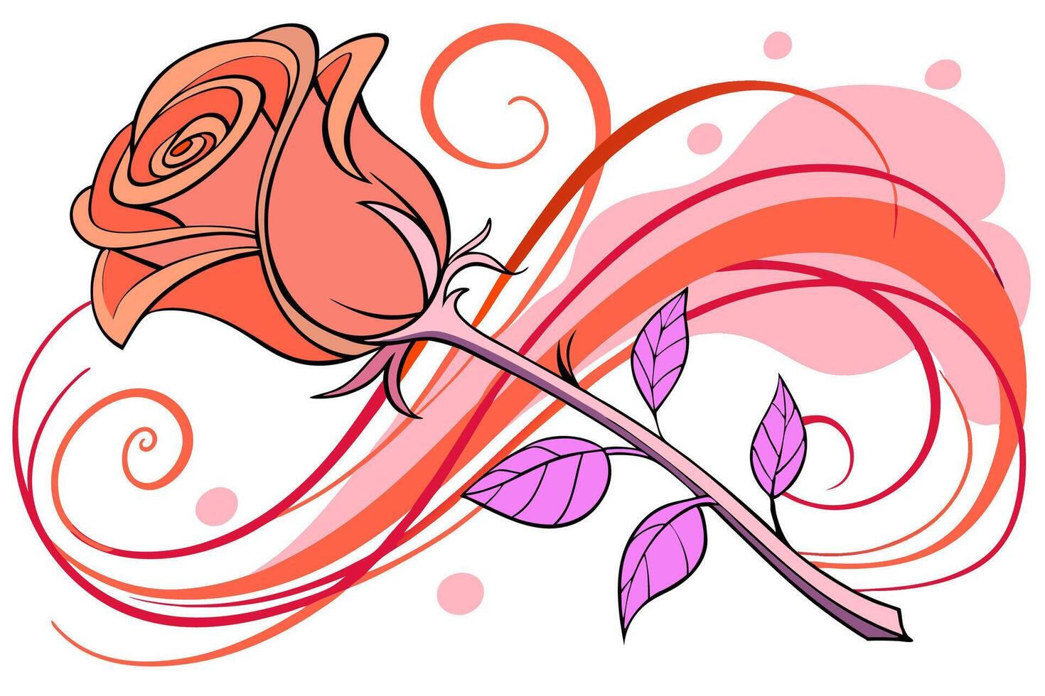Professional Coral Rose Illustration Swirling Design, Pink Leaves. vector