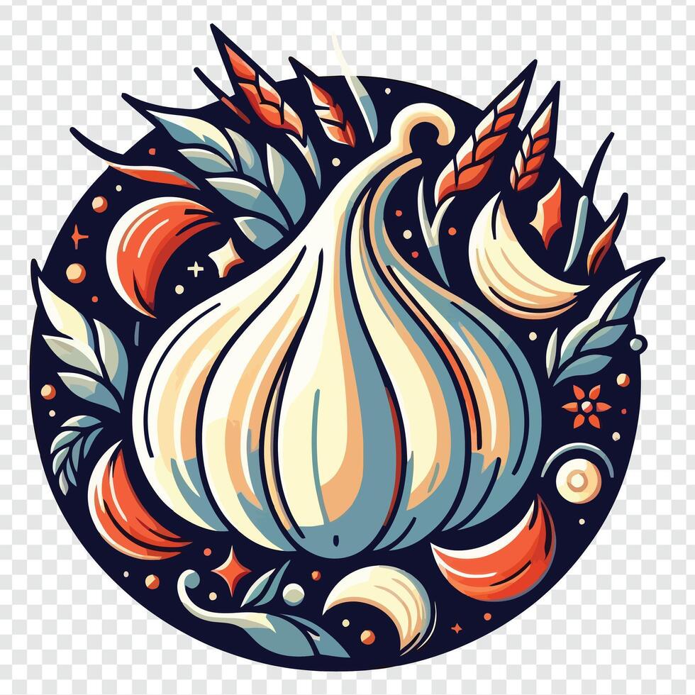 A garlic in a circle with a star and other objects vector