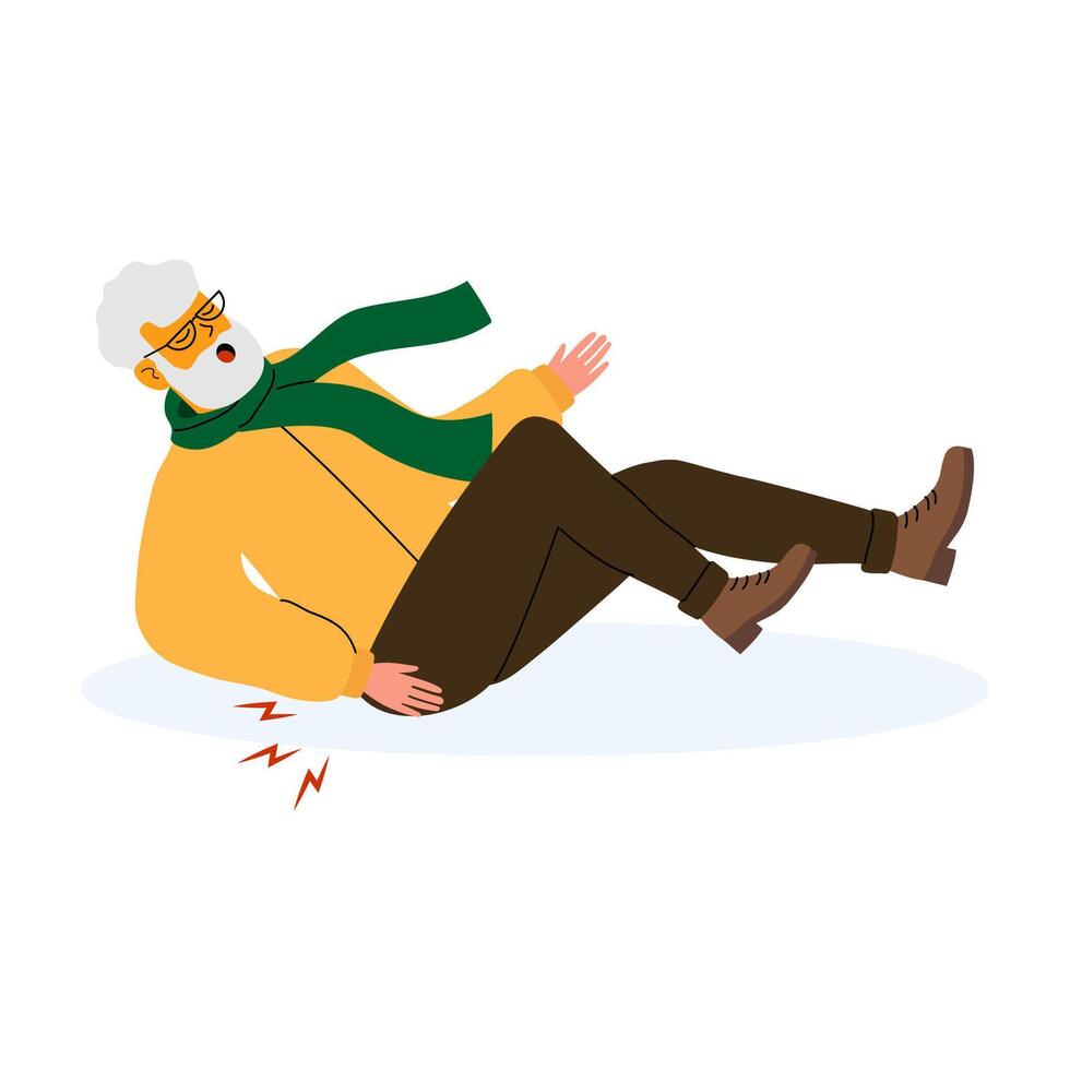 Elderly man slipping on ice while walking with winter clothes in a winter setting vector