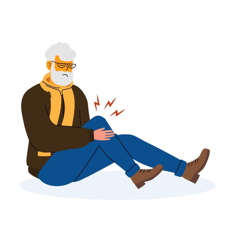 Senior man experiencing knee pain while sitting on the floor during winter vector