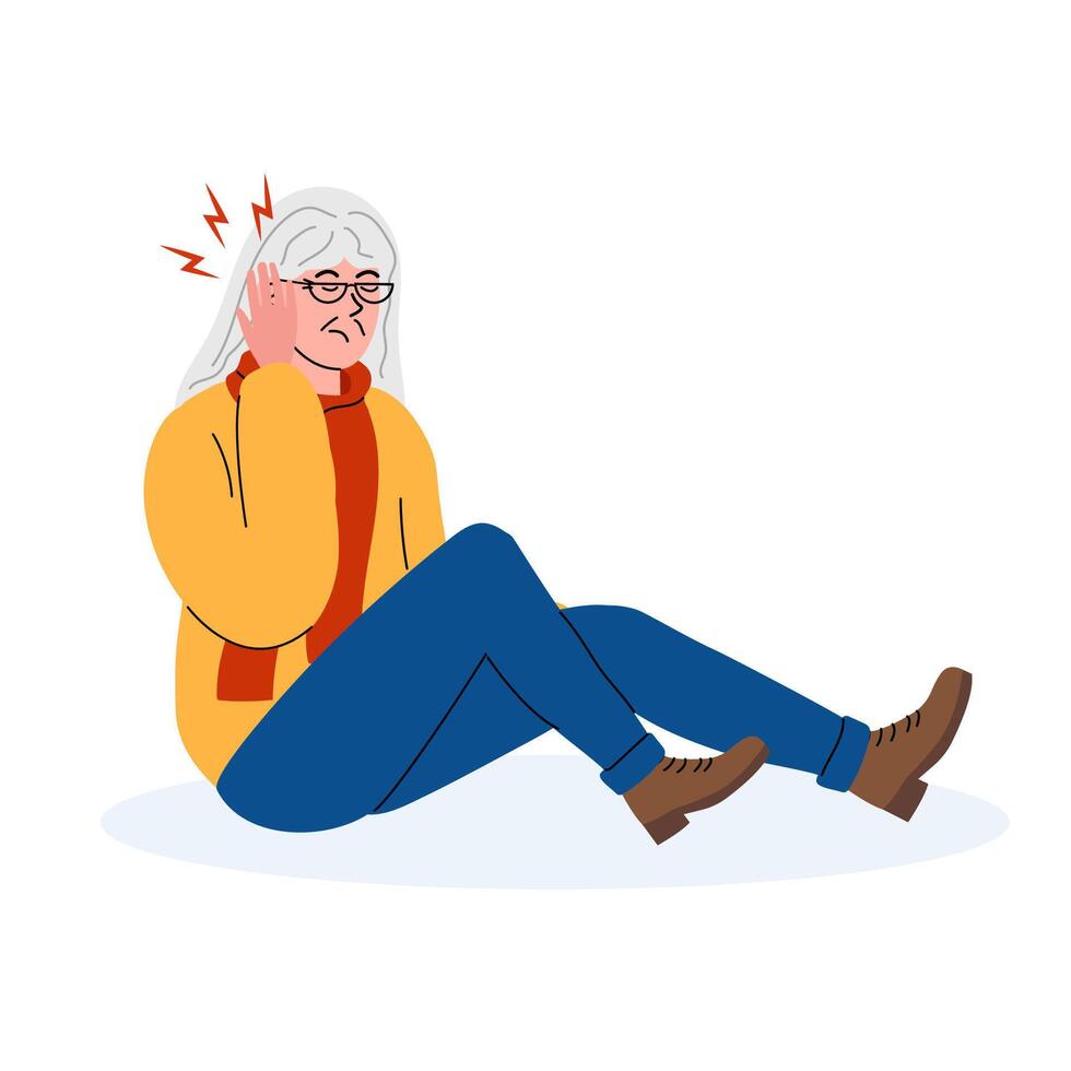 Senior woman experiencing ear discomfort while sitting on the floor in a cozy environment vector
