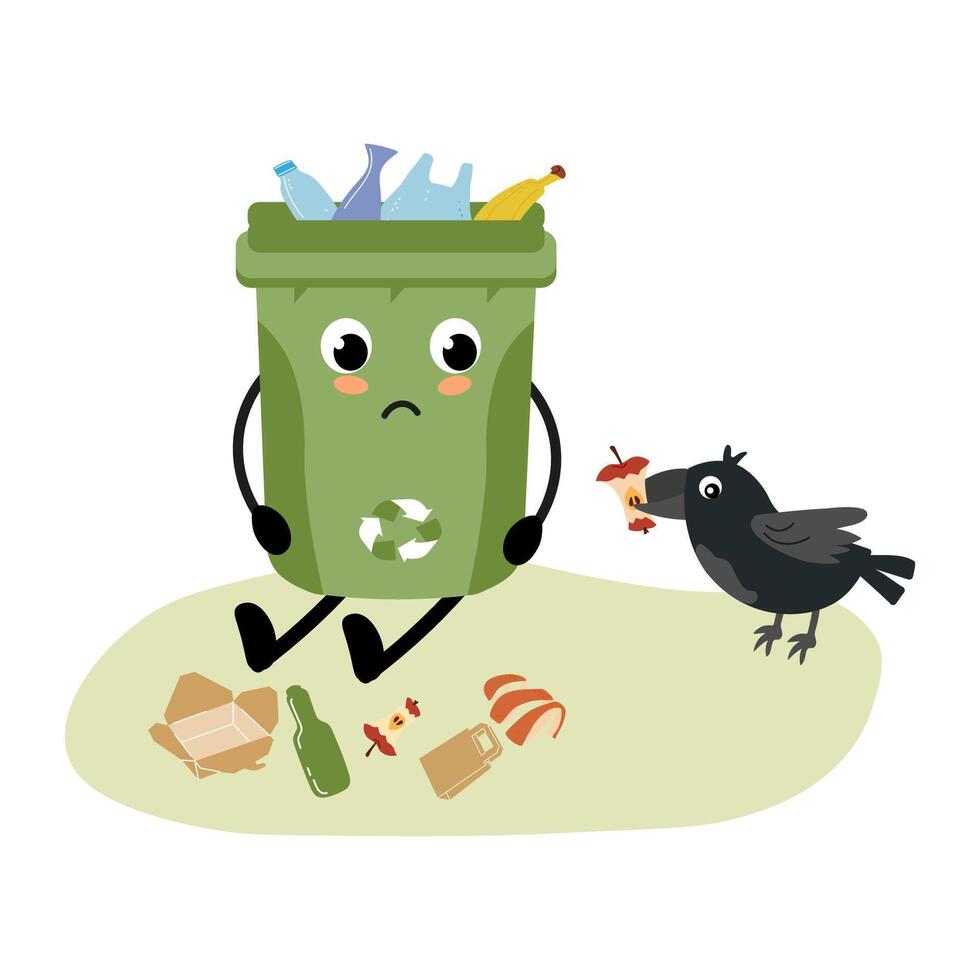 Funny cartoon character recycling bin looks sad while being visited by a hungry bird vector