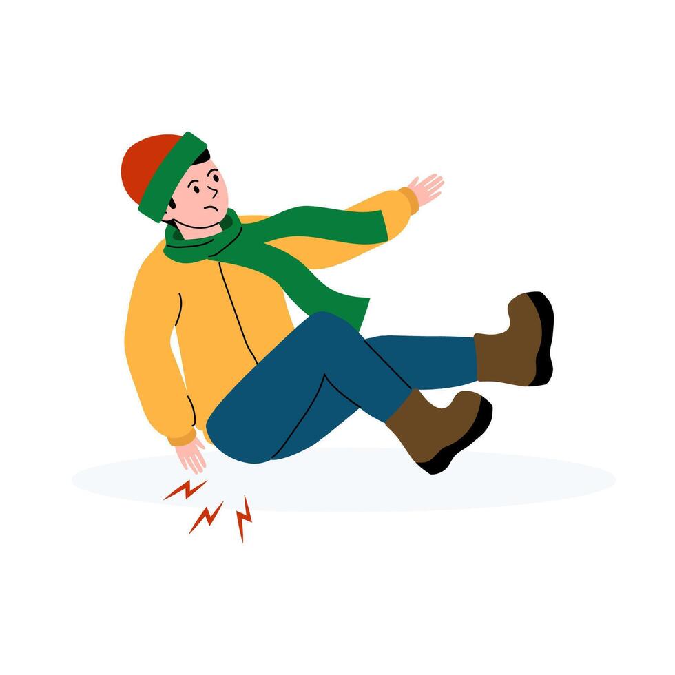Person slips and falls while walking on icy surface during winter season vector