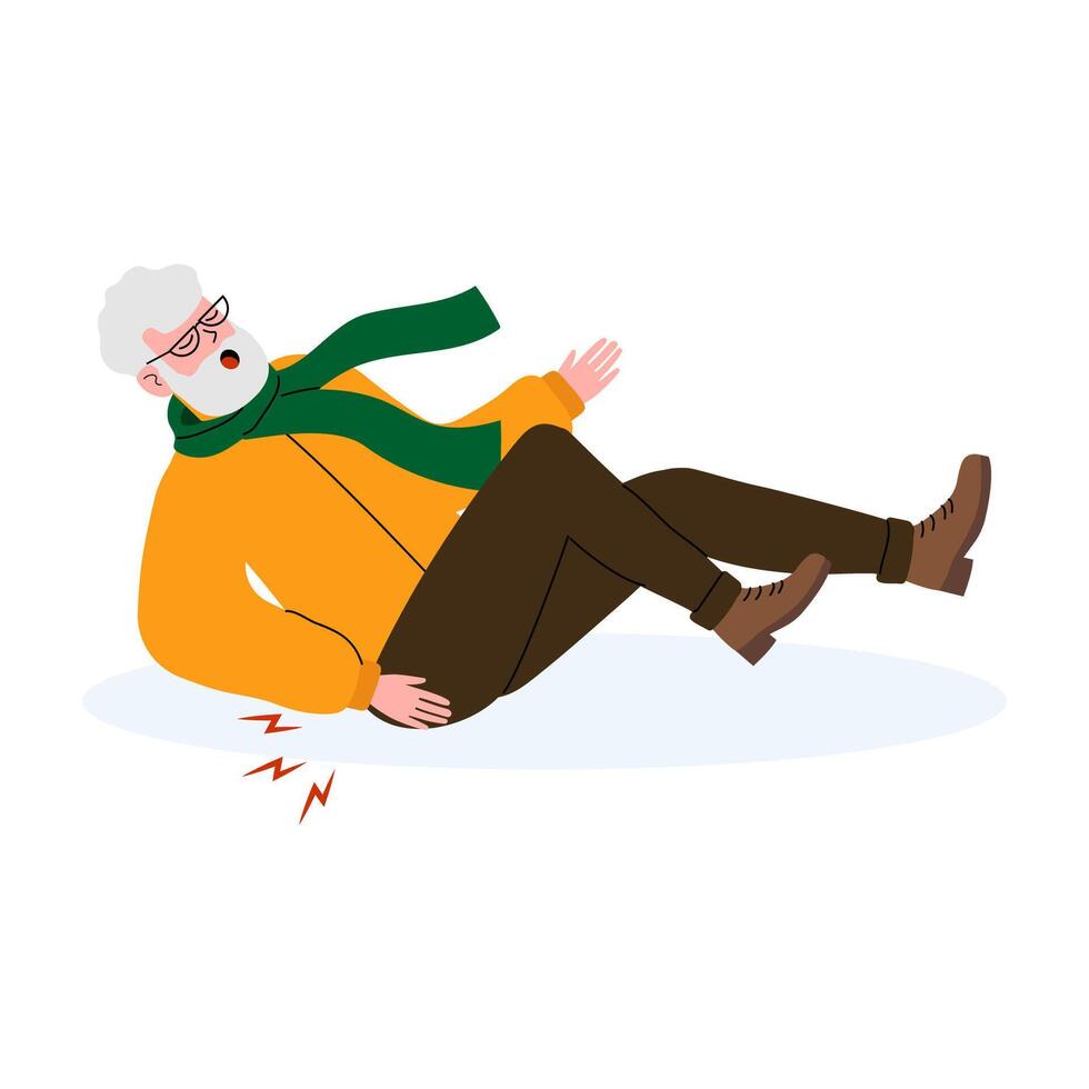 Elderly man falls down while walking on an icy surface in winter attire vector