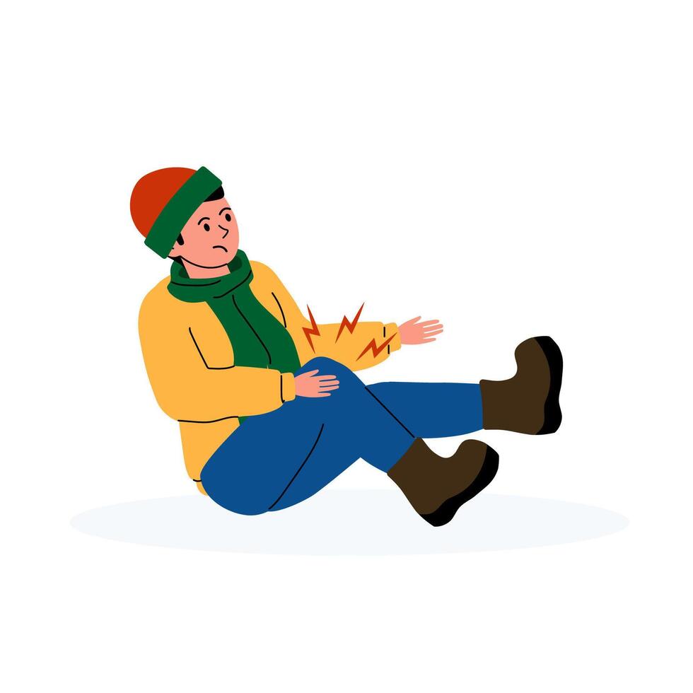 Man in winter clothing sits on the ground, holding his knee in discomfort after a fall vector