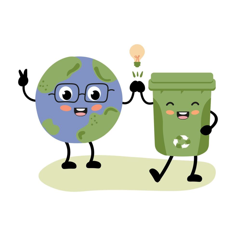 Earth and recycling container characters promoting environmental awareness and sustainability vector