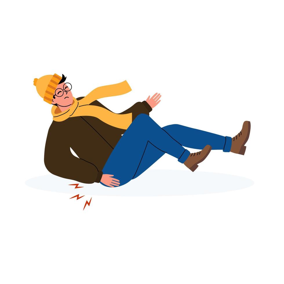 Man slips on ice while walking, wearing hat and scarf, during winter in a snowy environment vector