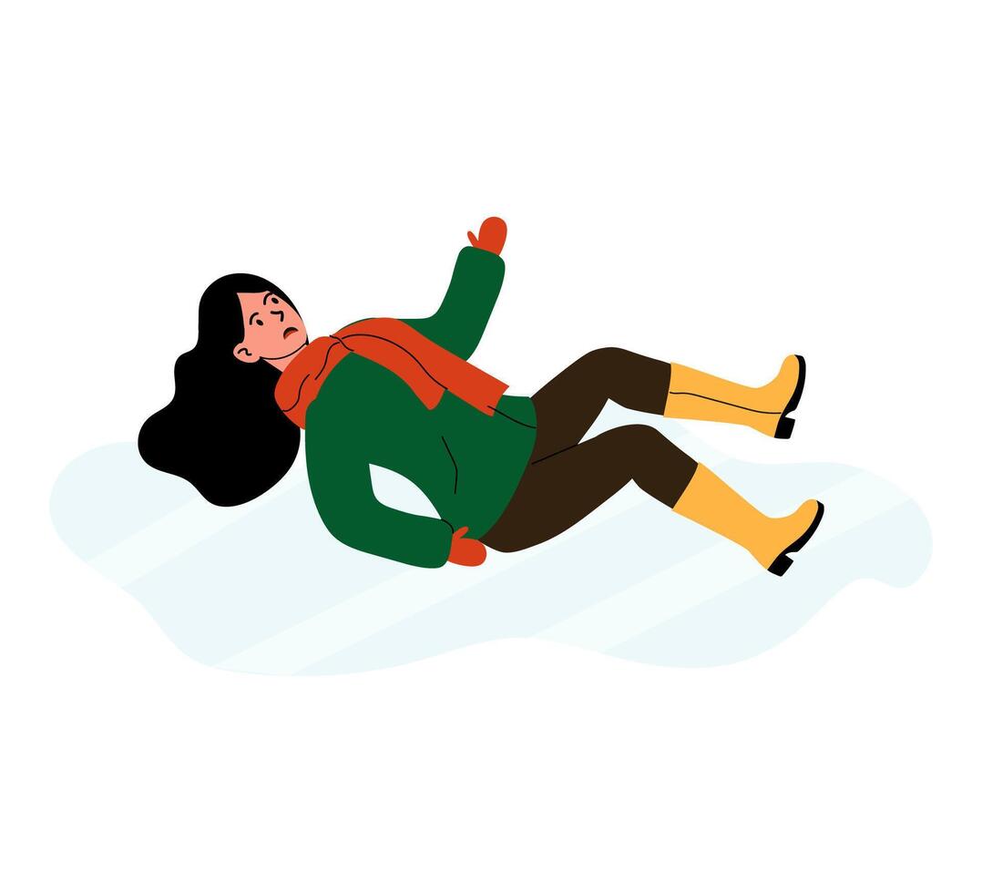 Young woman slips while walking on snow during winter in a park, enjoying the season vector
