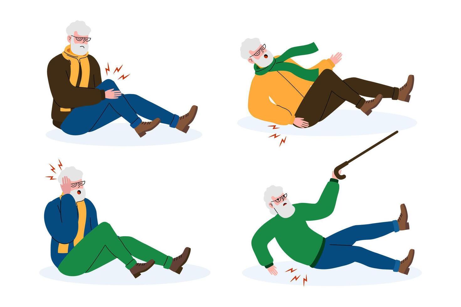 Elderly man experiences falls and injuries during daily activities in winter vector