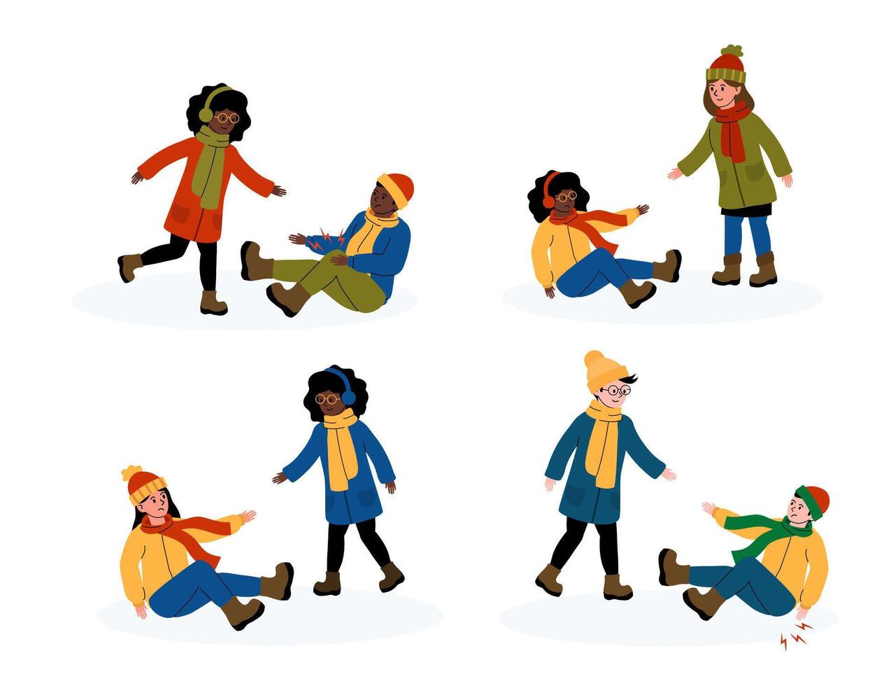 Children enjoying winter activities while playing on snowy ground in a park vector