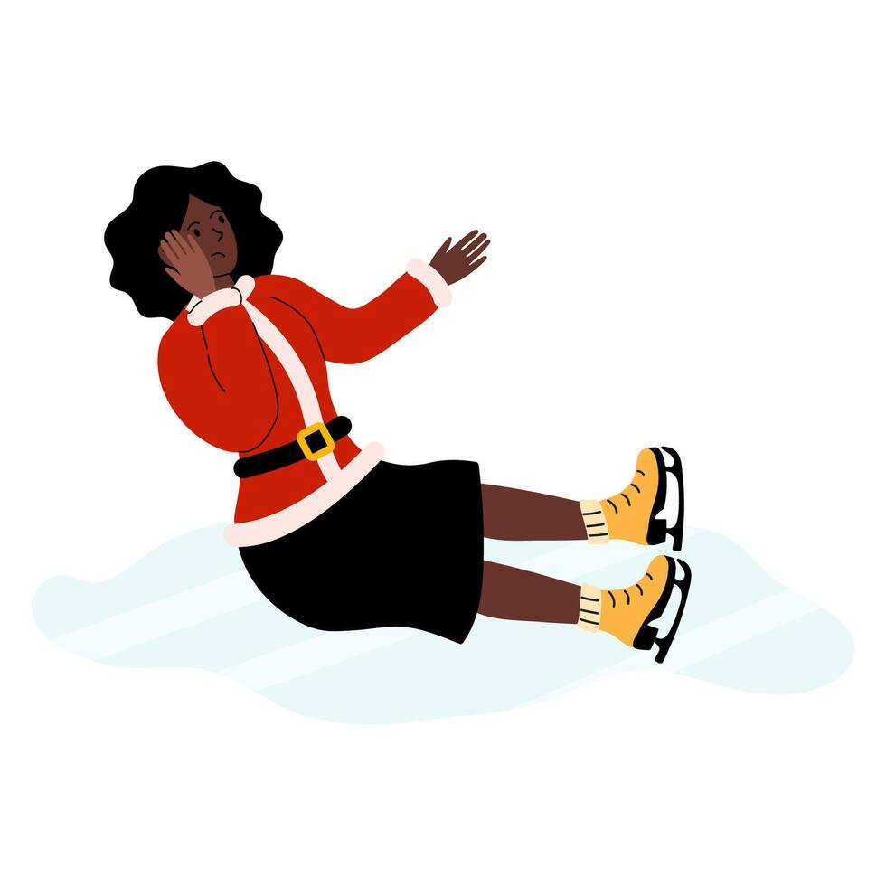 Woman in Christmas outfit slips while ice skating in winter fun activity vector