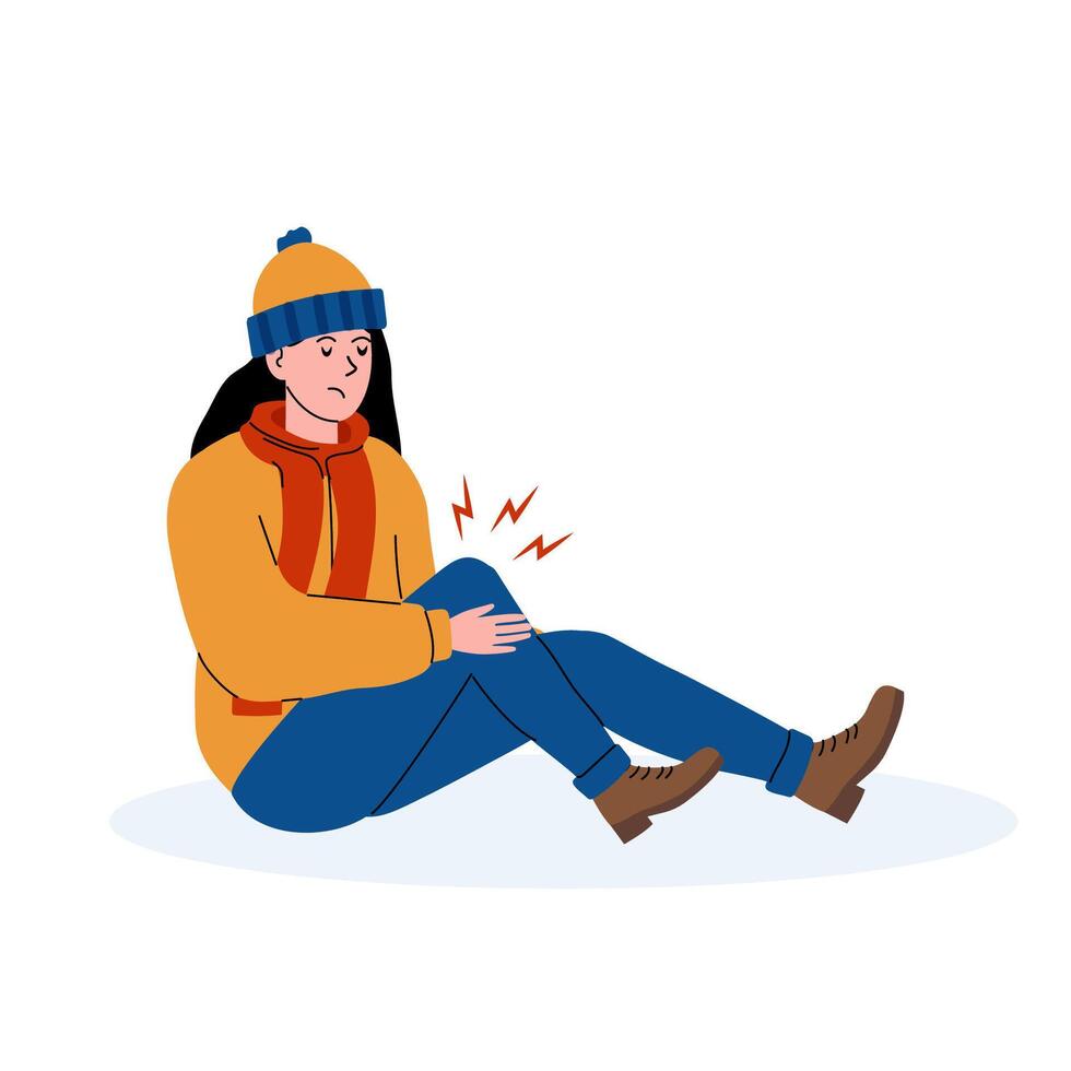 Person sitting on the ground displaying discomfort in the knee while wearing winter clothing vector